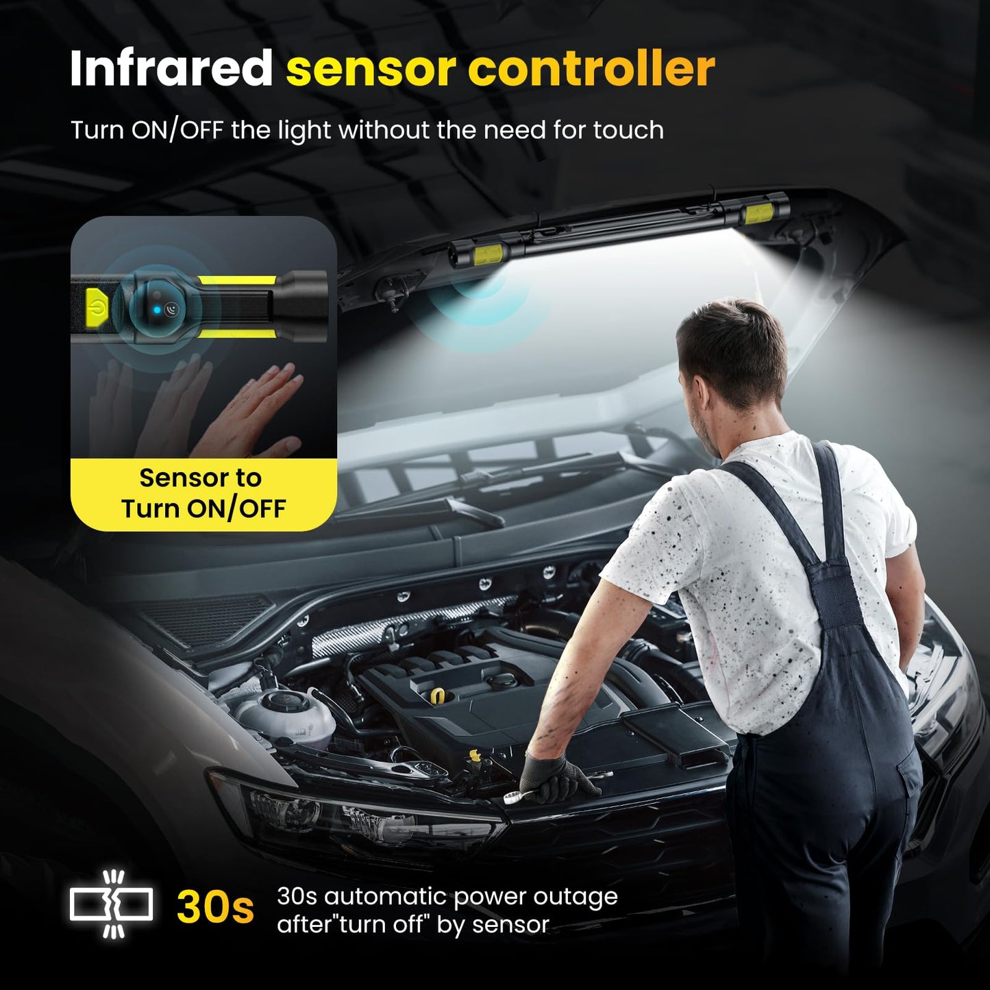 Work Light【AUTO ON/Off】 3000LM LED Work Light 5200mAh Under Hood Working Light with Hooks, Portable Magnetic Rechargeable Cordless Job Site Lighting for Mechanic/Car Repairing/Garage-Yellow