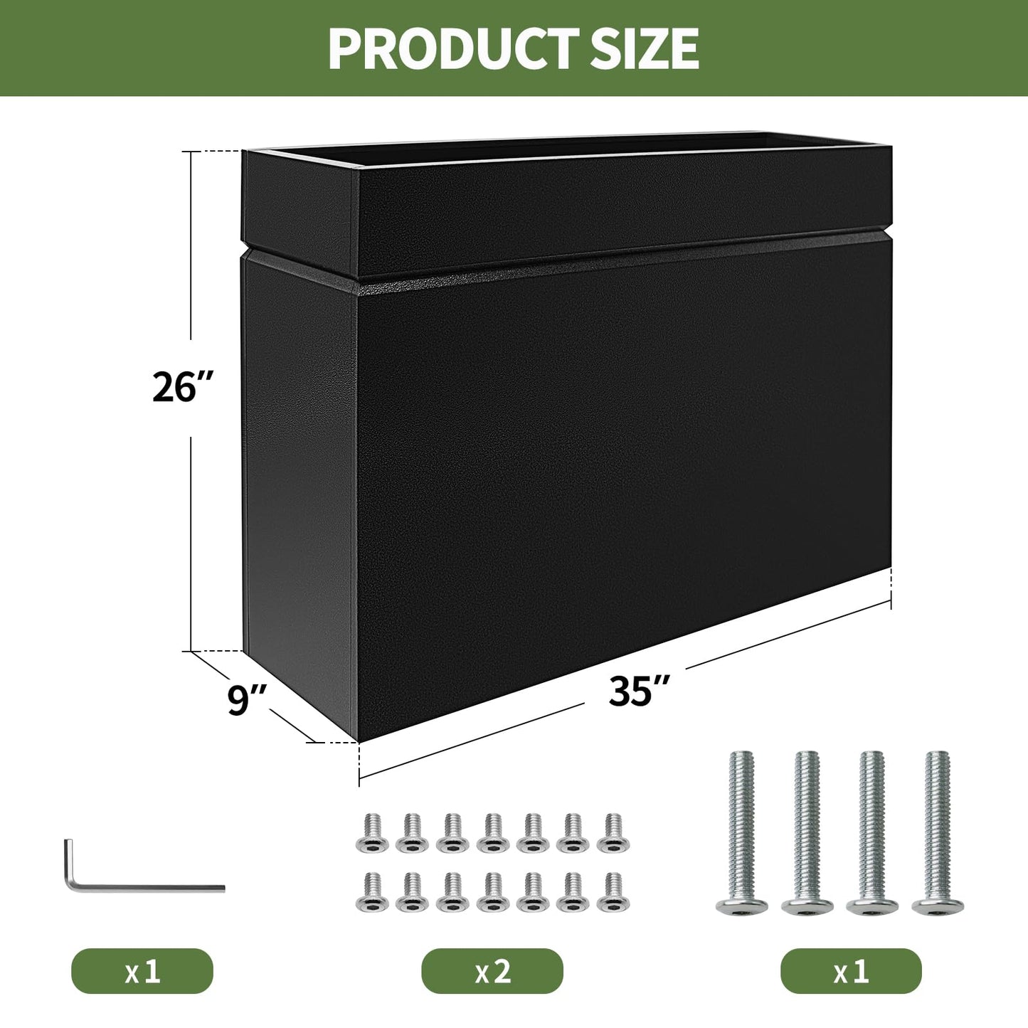 HONYTA Metal Rectangular Planter Box, Powder Coating Steel Large Planters 35" L x 9" W x 26" H with Drainage Hole, Indoor Outdoor All-Weather Use for Home, Porch, Patio, Garden(Black)