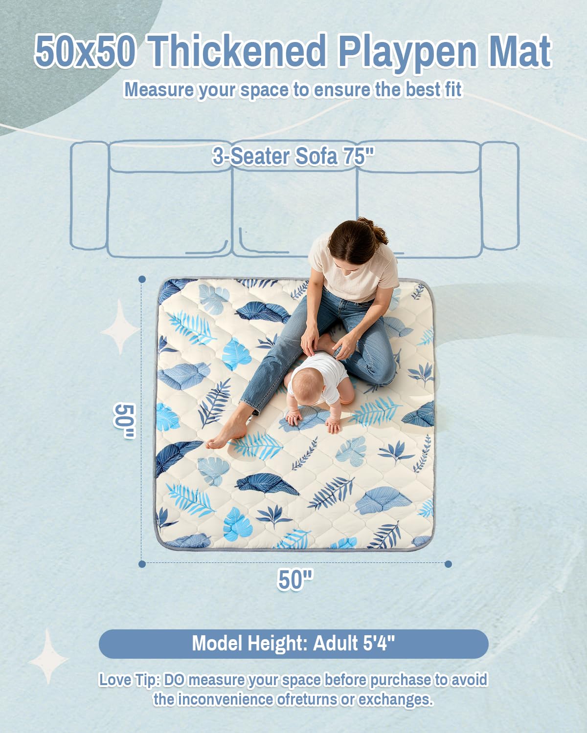 Baby Play Mat, 50x50 Thickened Playpen Mat, Non-Slip Baby Mat for Floor, Foldable Portable Playmat Suitable for babies learning to crawl and for travel