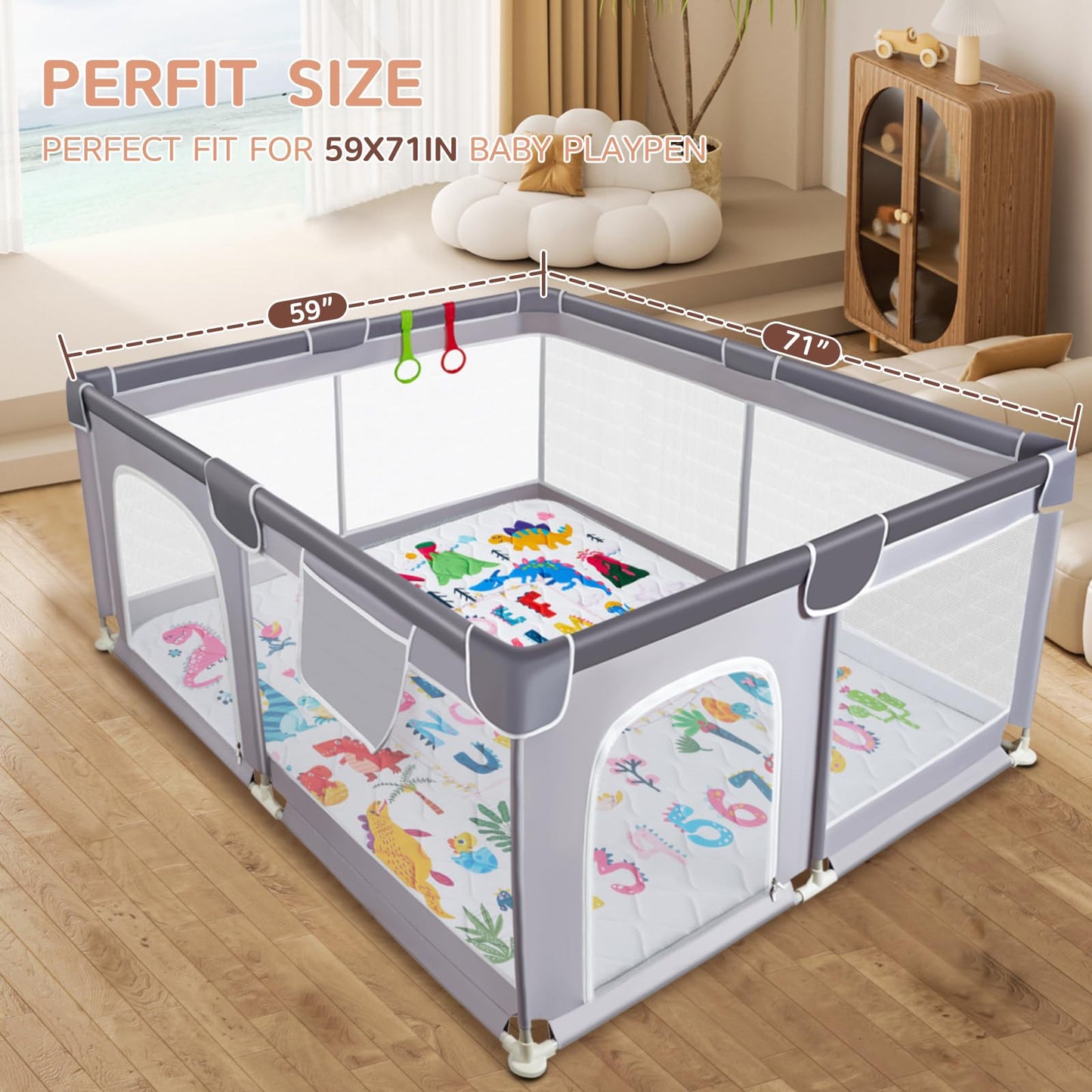 TreeBud Baby Play Mat - Thicken 71x59 Inch Soft Foam Crawling Mat for Playpen & Floor, Non-Slip Waterproof Playmats for Infants & Toddlers, Portable Foldable & Machine Washable, Dinosaur & Letters