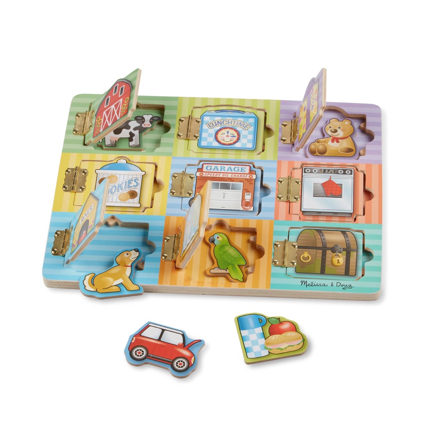 Melissa & Doug Wooden Hide & Seek Activity Board – Montessori Busy Board with Hinges, Doors & 9 Wooden Magnetic Puzzles, Educational Preschool Learning Toy for Toddlers & Kids Ages 3+