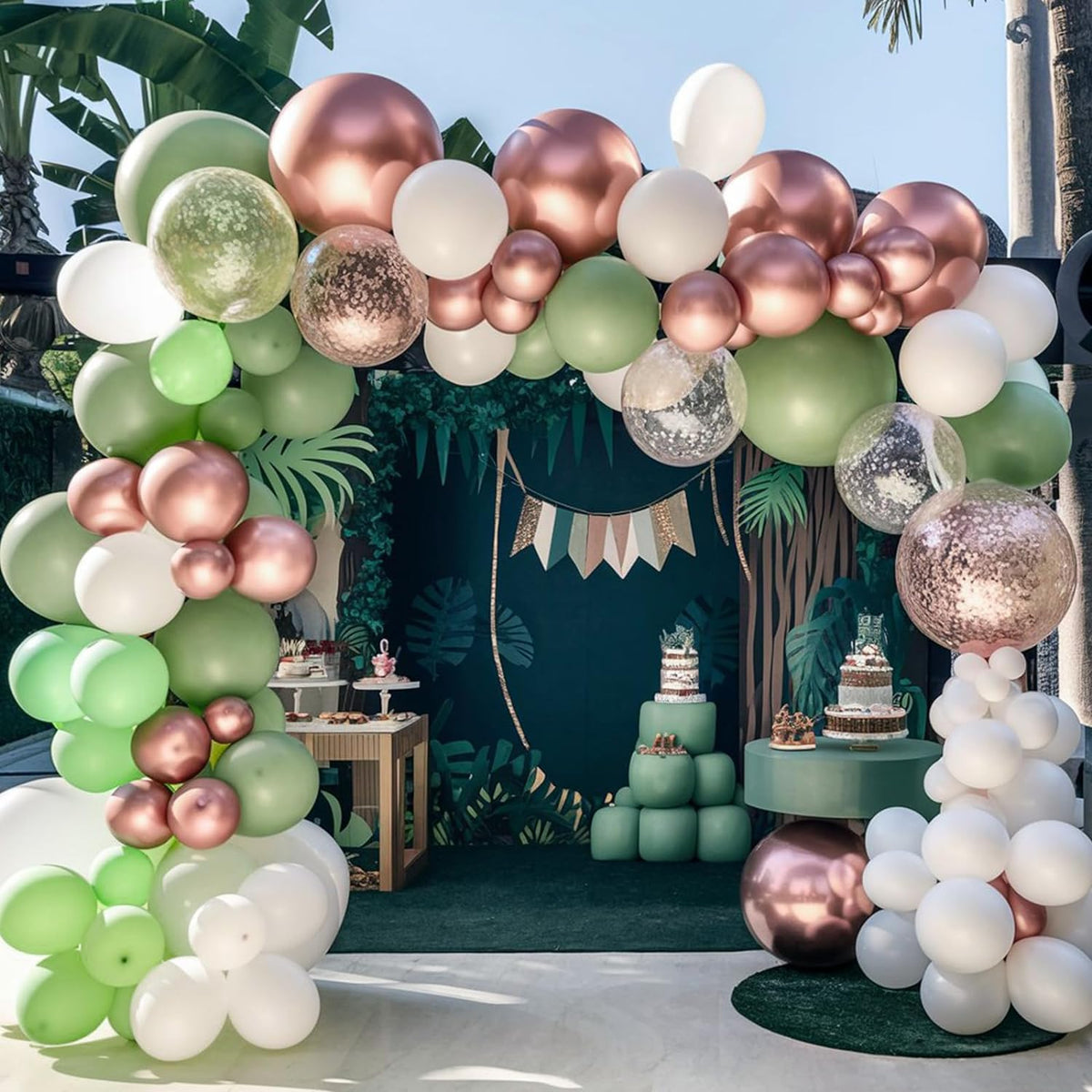 Sage Green and Rose Gold Balloons, 12 Inch Avocado Green Metallic Rose Gold Confetti Balloons, Retro Green White Balloons for Birthday Wedding Baby Shower Jungle Safari Party Decoration