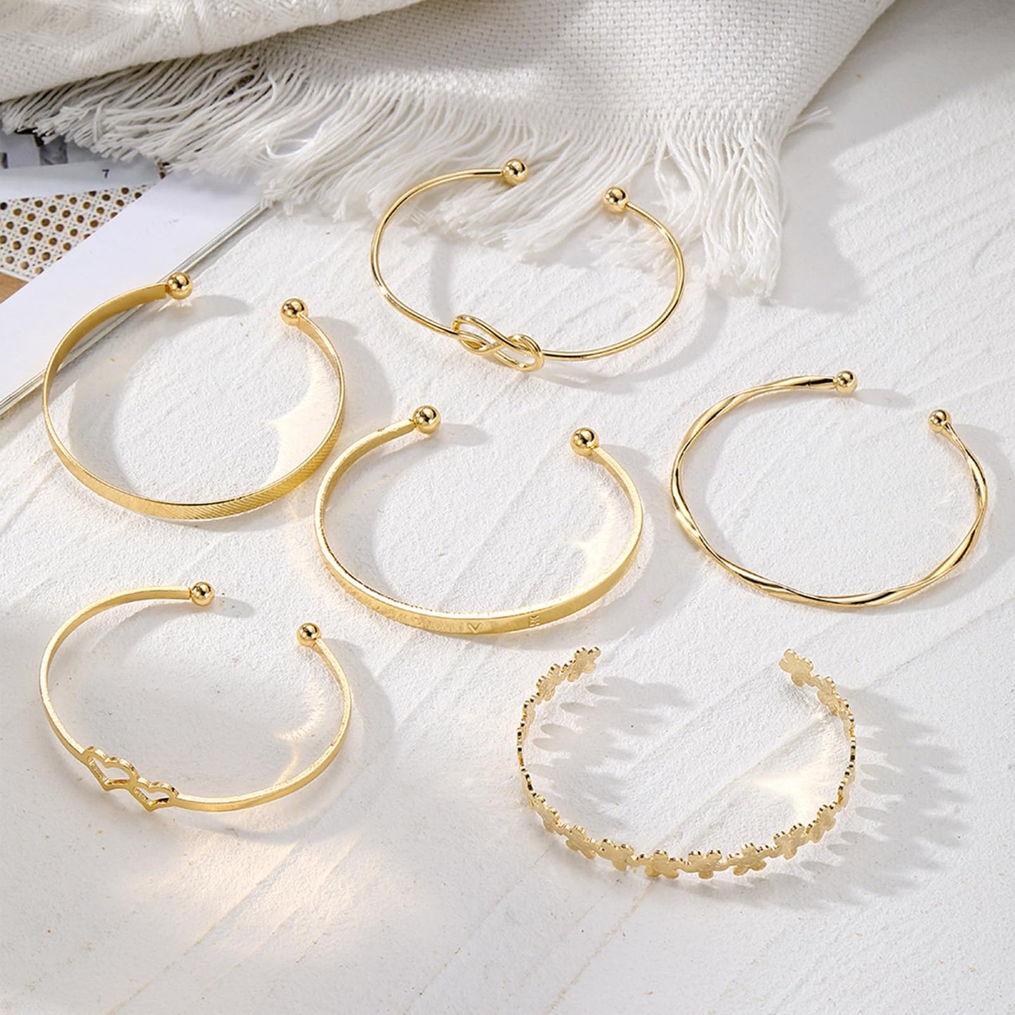 IFKM Gold Bangle Bracelets For Women, 14k Gold Plated Multi Layer Stackable Cuff Bracelet Set, Trendy Elegance Charms Non Tarnish Minimalist Textured Boho Jewelry Gift for Women (6pcs LOVE Flower)
