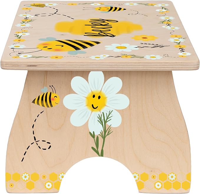 Step Stool for Toddlers- Personalized Wood Kids Step Stool with Name for Kitchen Sink, Bathroom, Potty Training, Toilet, Kitchen Sink- Sturdy and Safe- Made in USA by BloomOwl (Bee)