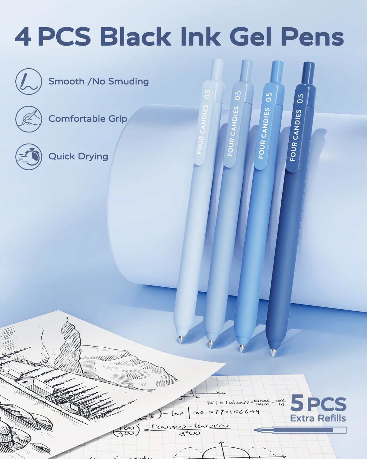 Four Candies Blue School Supplies, Gel Pens with Black Ink, Correction Tapes,Pastel Highlighters, Mechanical Pencils, Sticky Notes, Index Post for Bible Study Stationary College Essentials
