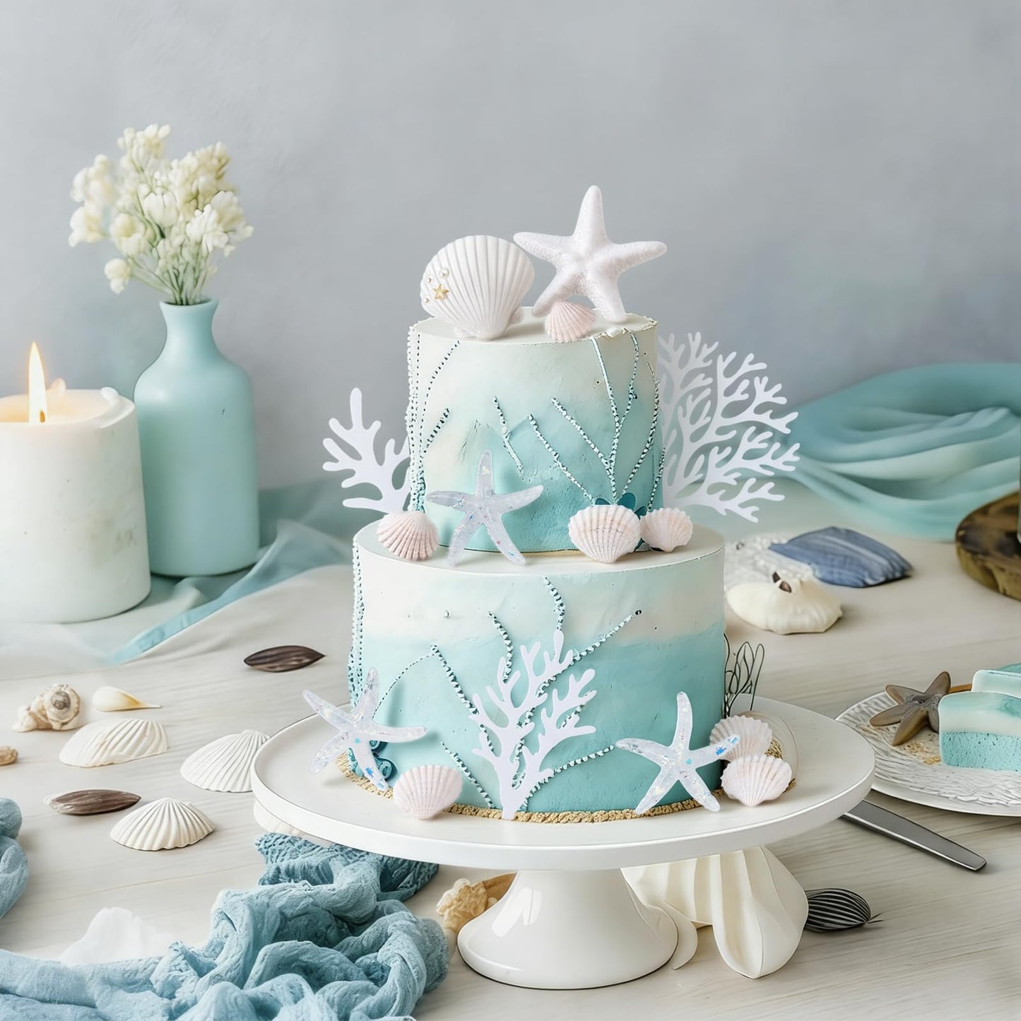 Morofme 20pcs Seashells Cake Toppers Ocean Cake Decorations Starfish Cupcake Toppers Beach Seashell Cupcake Topper Under the Sea Theme Dessert Decor for Baby Shower Birthday Summer Party Supplies