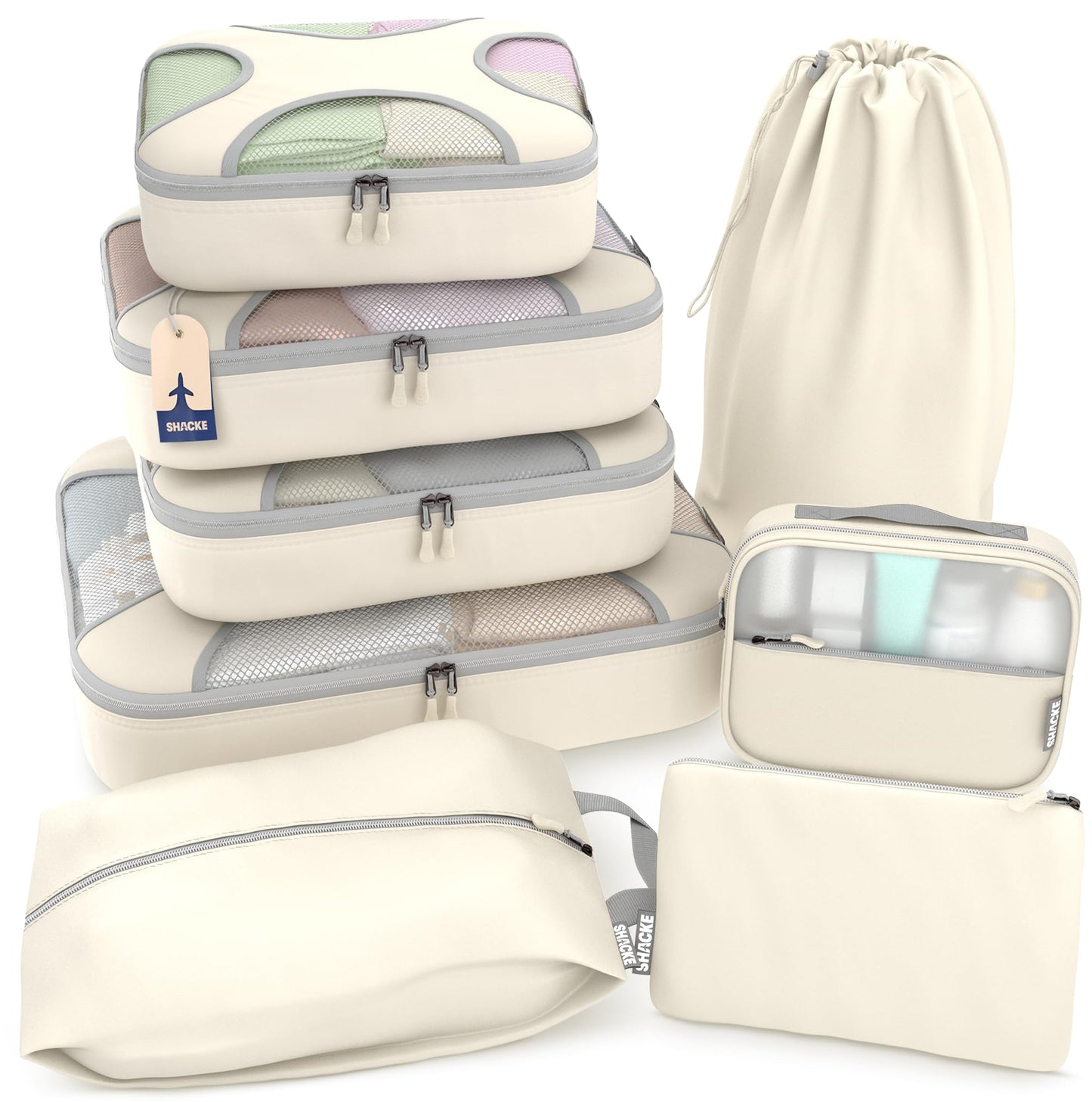 Shacke Packing Cubes for Travel 8 Set - Premium Luggage Organizer Bags - Versatile Travel Organizer for Women and Men - Optimized Packing Bags - Travel Essentials (Sand)