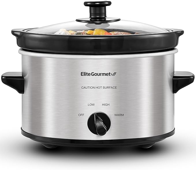 Elite Gourmet MST-275XS Electric Oval Slow Cooker, Adjustable Temp, Entrees, Sauces, Stews & Dips, Dishwasher Safe Glass Lid & Crock (2 Quart, Stainless Steel)