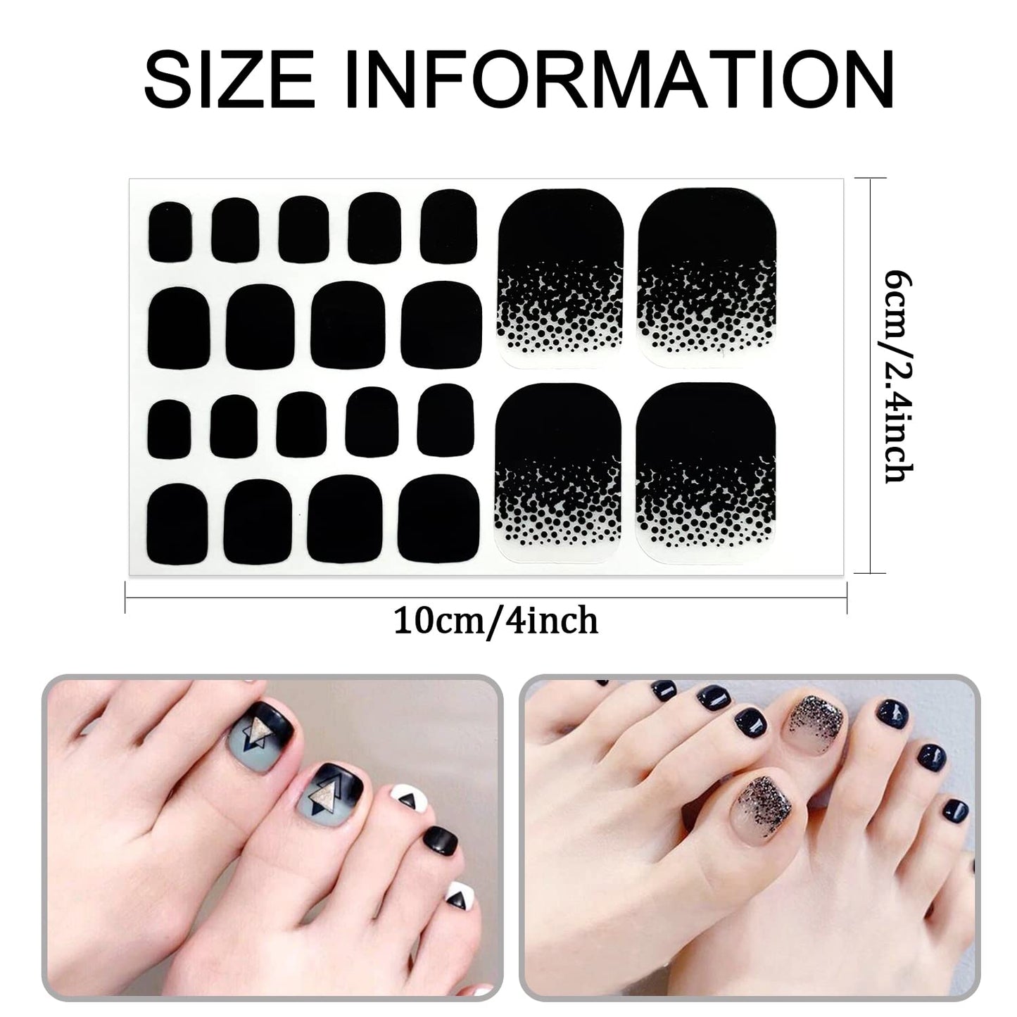 SILPECWEE Toe Polish Strips - Black Full Wraps for Women, Self Adhesive Stickers, Gel Strips for Toenails Decoration With Nail File (20 Sheets)