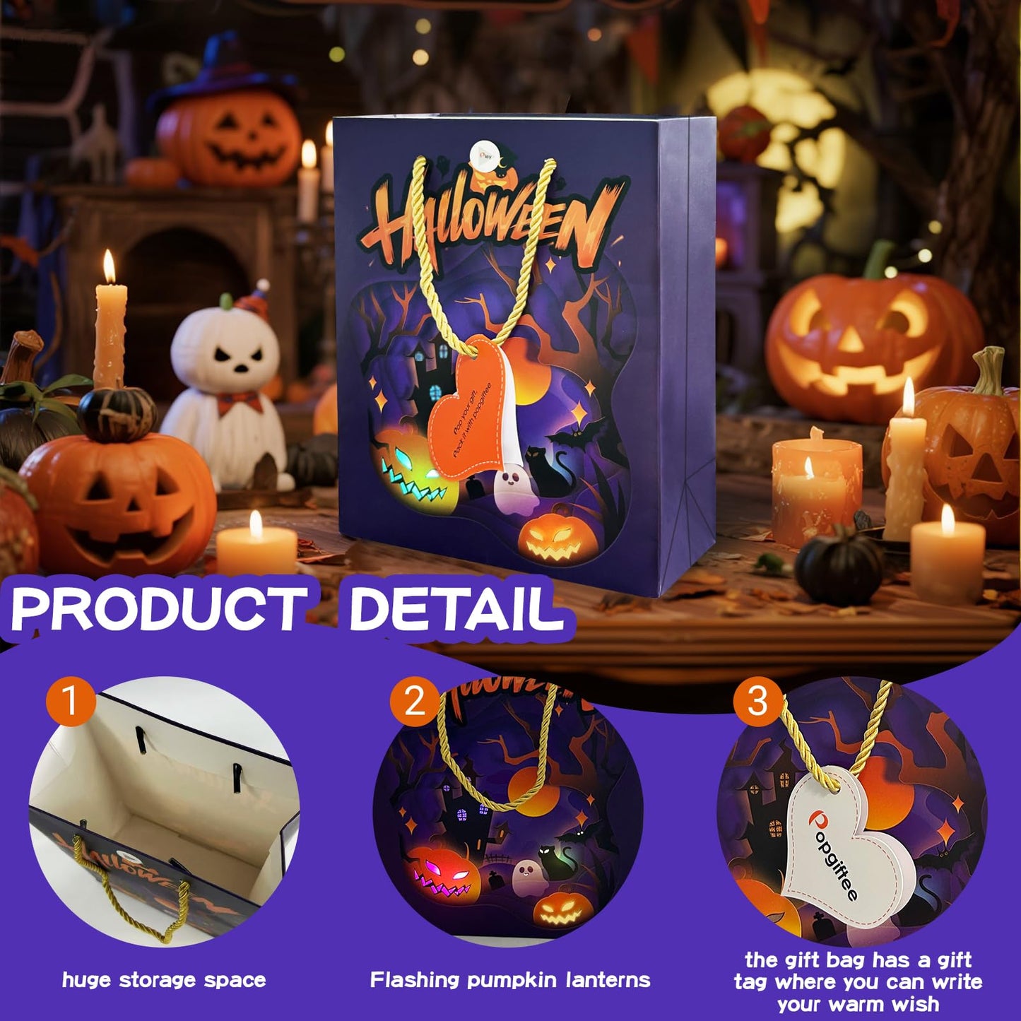 popgiftee Halloween Party Gift Bag Light Fireworks and Cheer Music Treat Bags with Shopping Handle,7.87x3.94x10inch