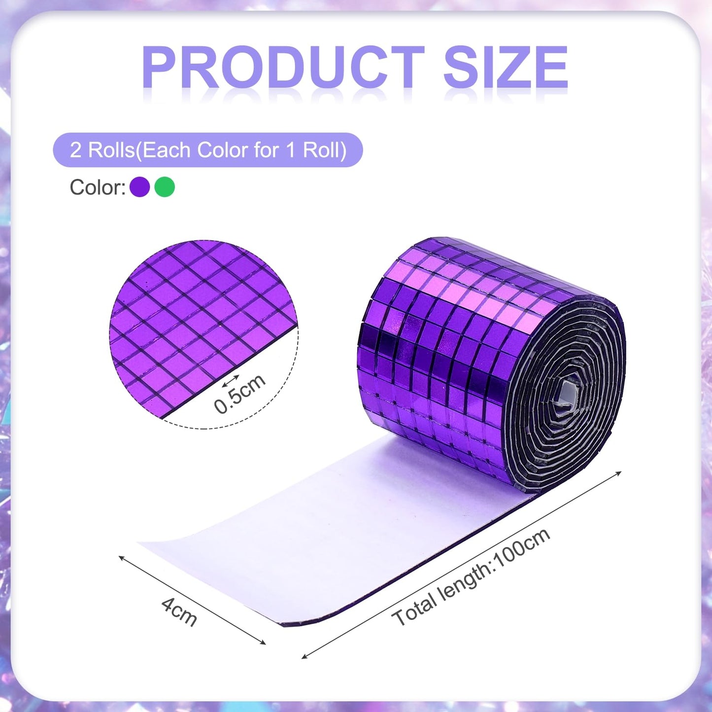 MECCANIXITY Self Adhesive Glass Mirror Mosaic Tiles 3200 Pcs 5 x 5 mm Disco Tiles for Craft Decoration Glass Mirror Disco Ball 2 Rolls (Purple/Green)