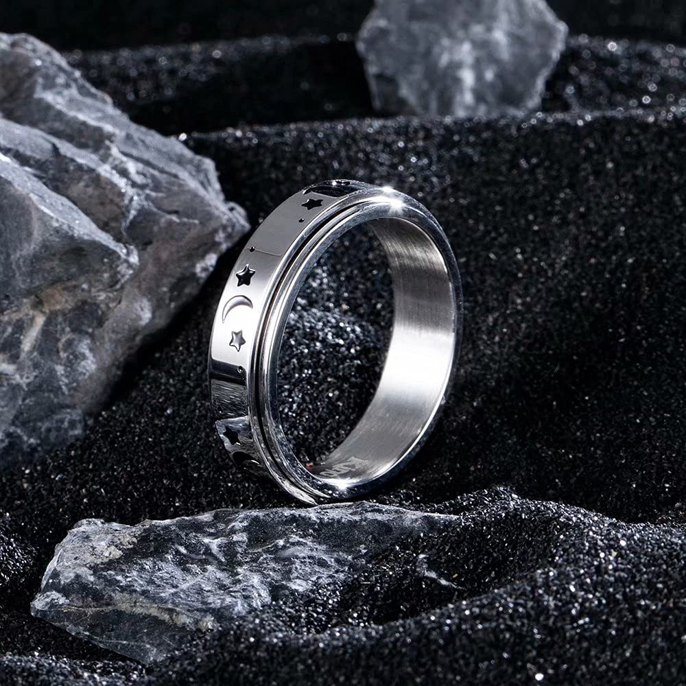 King Will 6mm Silver Stainless Steel Ring Spinner Ring Moon Star Fashion Anxiety Relief Rotatable Wedding Ring For Men Women 9