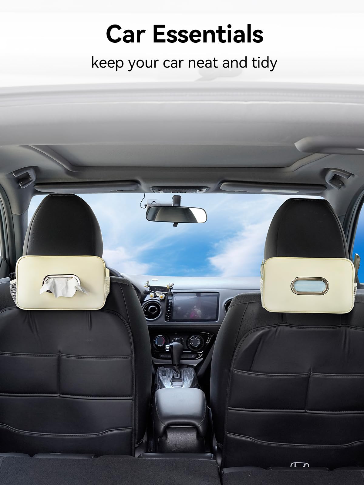 2 Pack Multi-Functional Car Tissue Holder with ‌2 Tuck Nets, Upgraded PU Leather Tissue Box Cover, Large Rectangle Napkin Storage Organizer, Keep Car Tidy, Beige