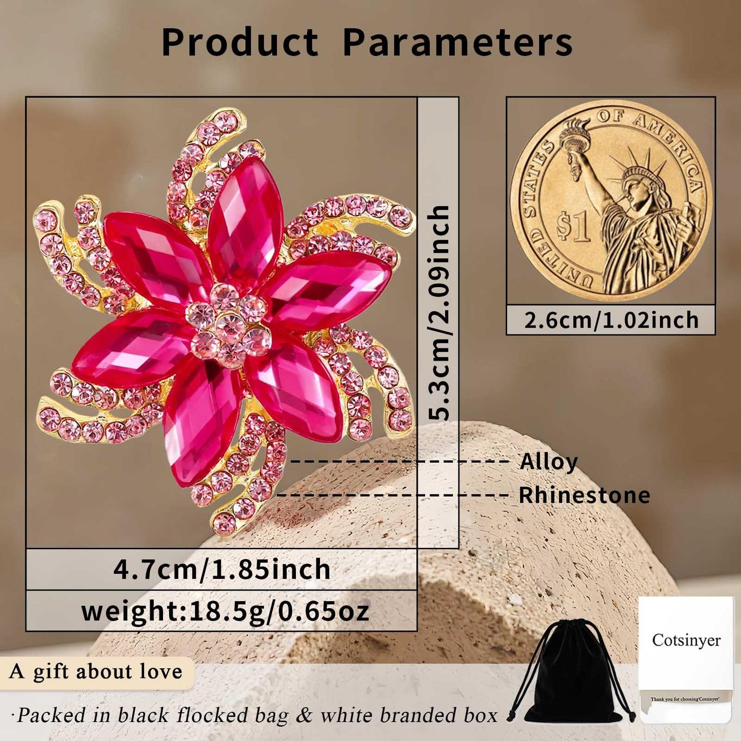 Cotsinyer Flower Brooch for Women - Cute Gold-Toned Pin with Pink Rhinestones & Crystals for Lapel, Hat, and Scarf