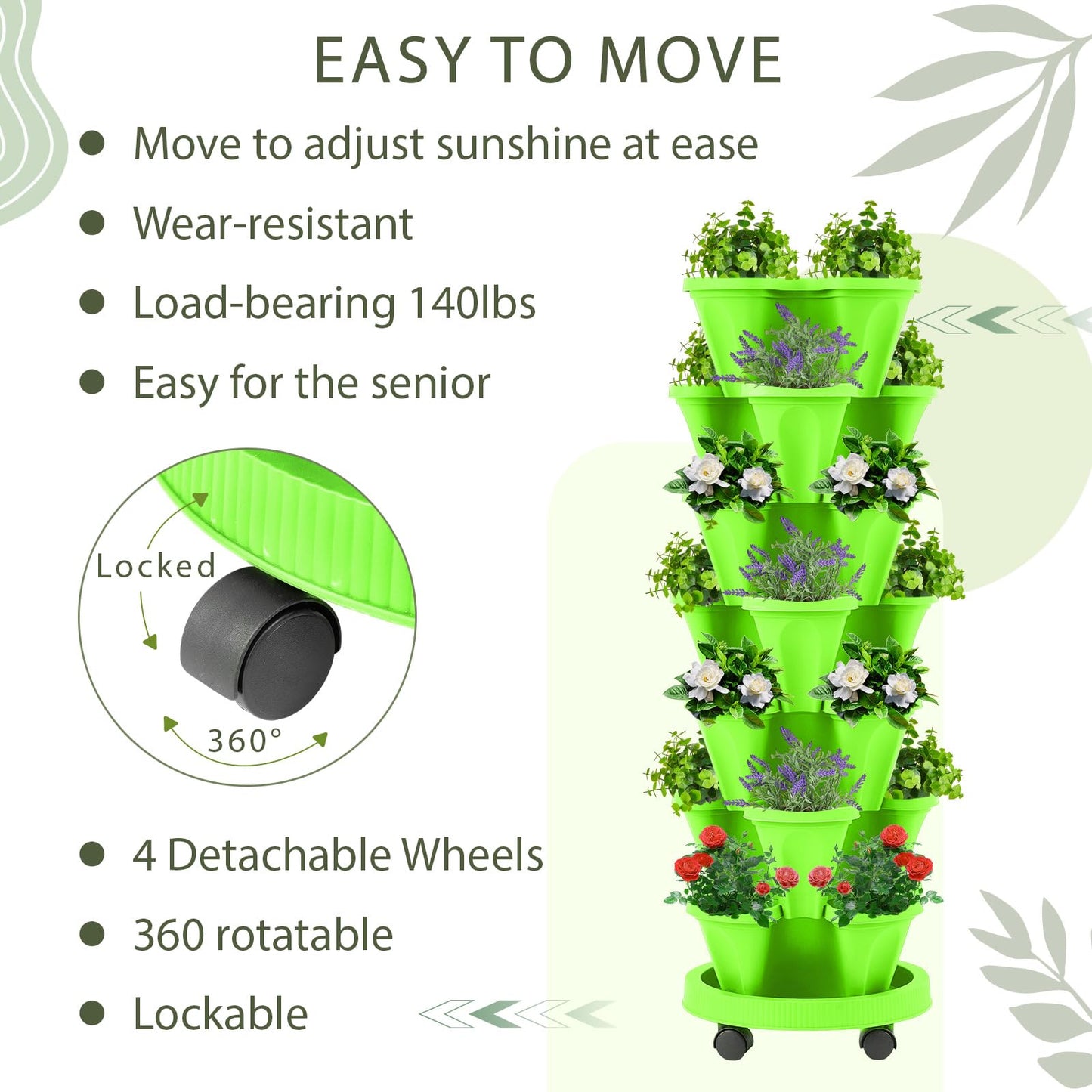 Umigy 2 Set of 7 Tier Vertical Planter Stackable Tower Planters Strawberry Herb Flower and Vegetable Pots Indoor Outdoor Gardening Pots with Removable Wheels and Tools(Light Green)