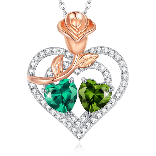 AGVANA May August Birthstone Jewelry Emerald Peridot Necklace Sterling Silver Rose Flower Heart Double Birthstone Pendant Necklace Anniversary Birthday Gifts for Women Mom Wife Lady Her