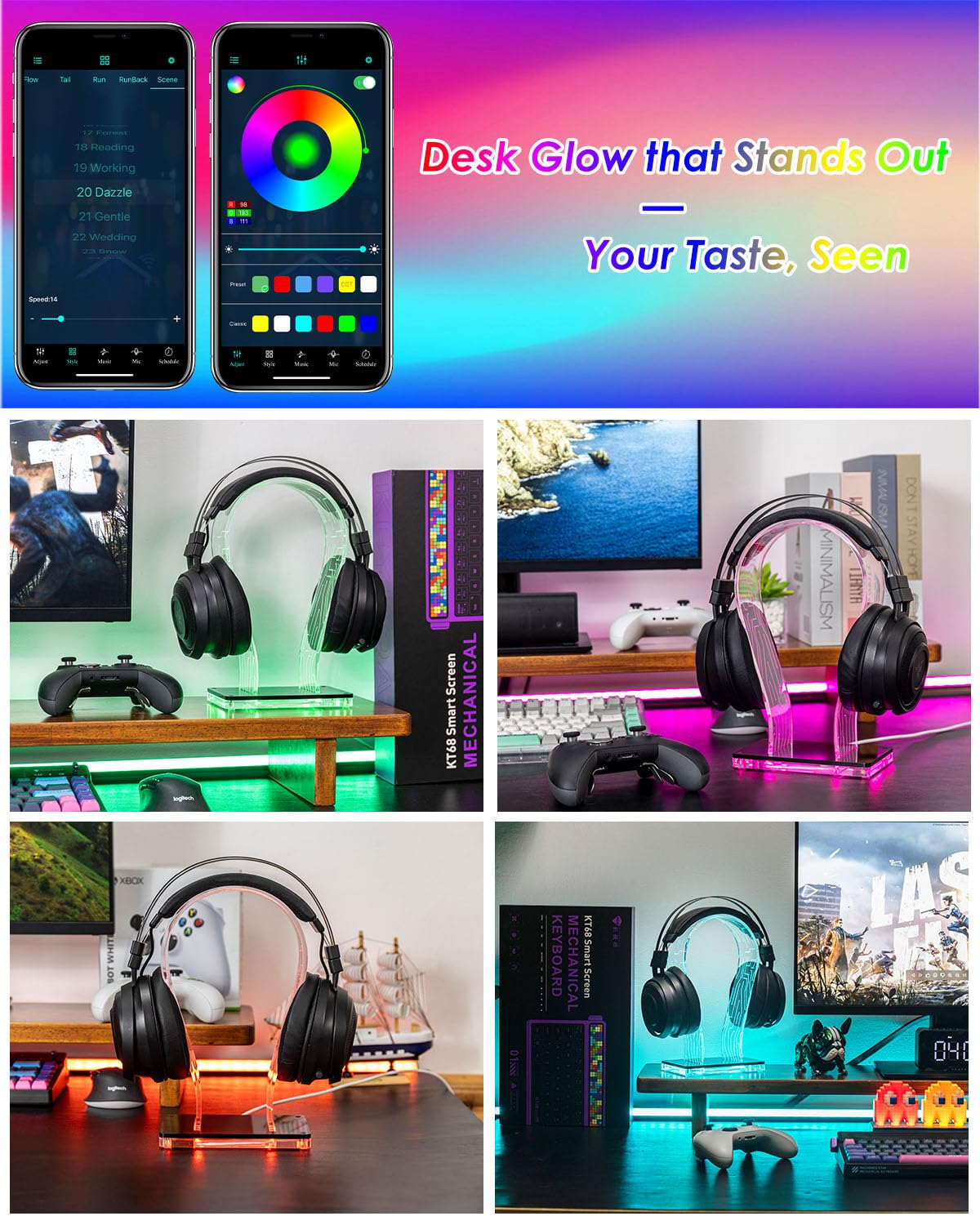 OAPRIRE Acrylic RGB Headphone Stand | Customizable 213 Lighting Modes & 60,000 Colors, Lights Sync with Music Beat, Headset Stand with 4.8ft USB Power Cable & Sturdy Build
