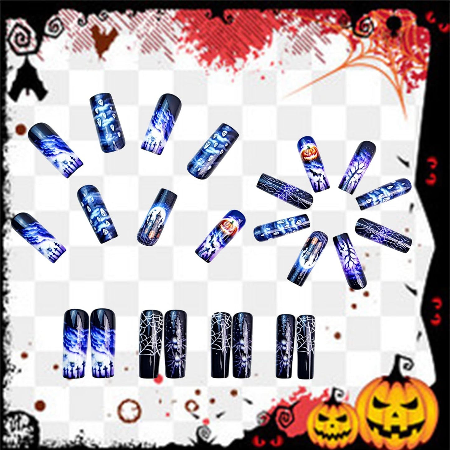 Halloween Press on Nails Long Ballet Shaped Bat Spider Web False Nails Full Cover Artificial Acrylic Fingernails Ghost Pumpkin Design Halloween Nail Glossy Festivla Glue on Nails for Women Supplies