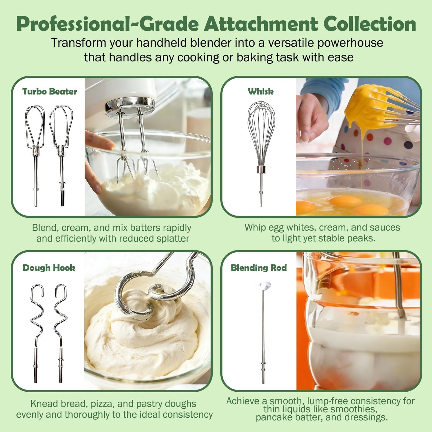 Hand Mixer Attachments, 6 Pcs Stainless Steel Set Turbo Beater, Pro Whisk, Dough Hooks & Blending Rod | Compatible with KitchenAid KHM3, KHM5, KHM7, KHM9, KHM512, KHM926 Series Hand Mixers
