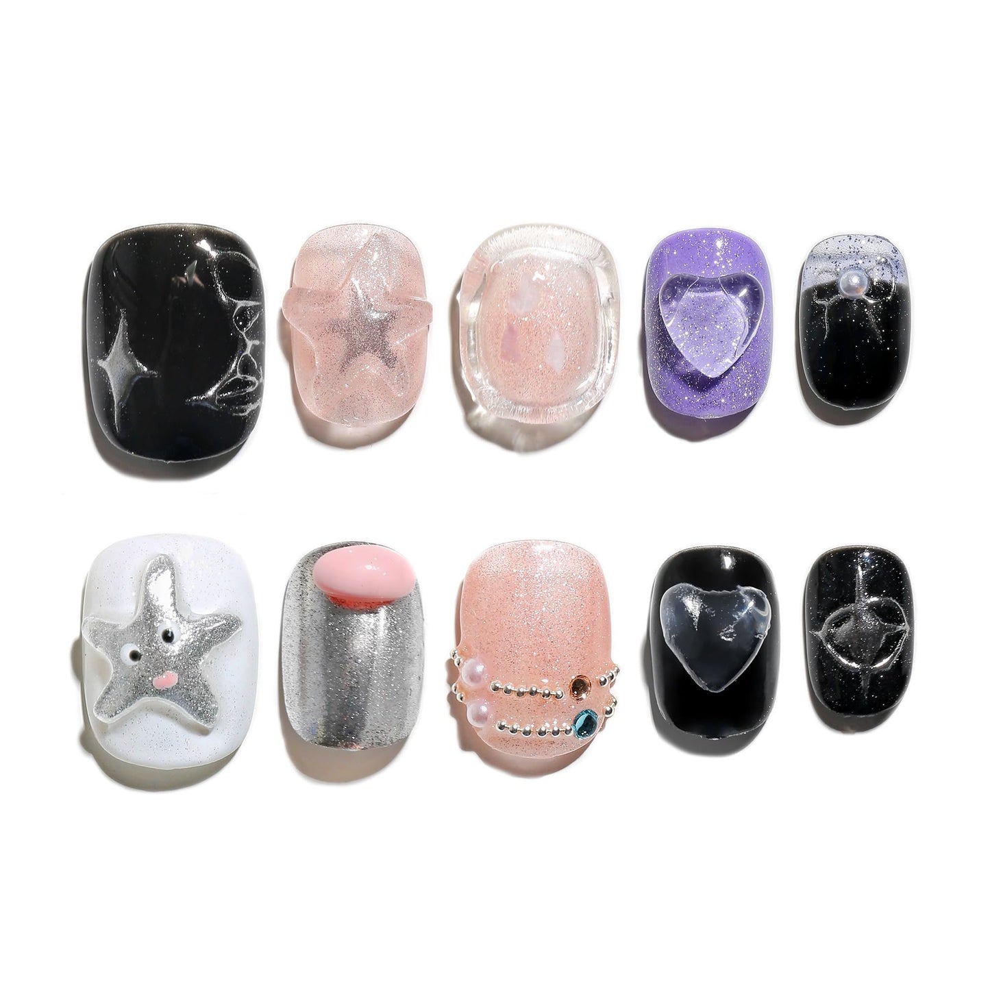 Sun&Beam Nails Handmade Press-on Short Squoval Round Silver Purple Black White Glitter Cartoon 3D Design Fashion False Nail Tips 10 Pcs Set (#168 M)