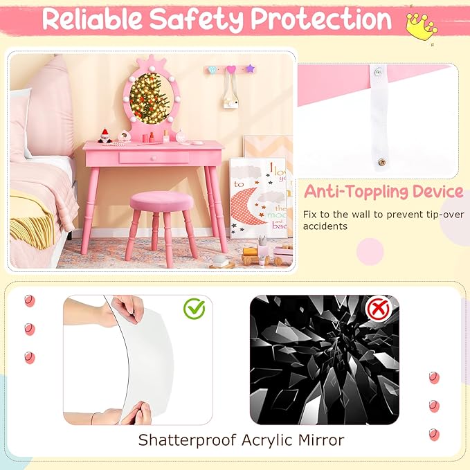 Costzon Kids Vanity, Girls Vanity Set with Mirror and Stool and Lights, Drawer, 2 in 1 Wooden Makeup Vanity Desk Dressing Table, Kids Vanity Table and Chair Set (Pink)
