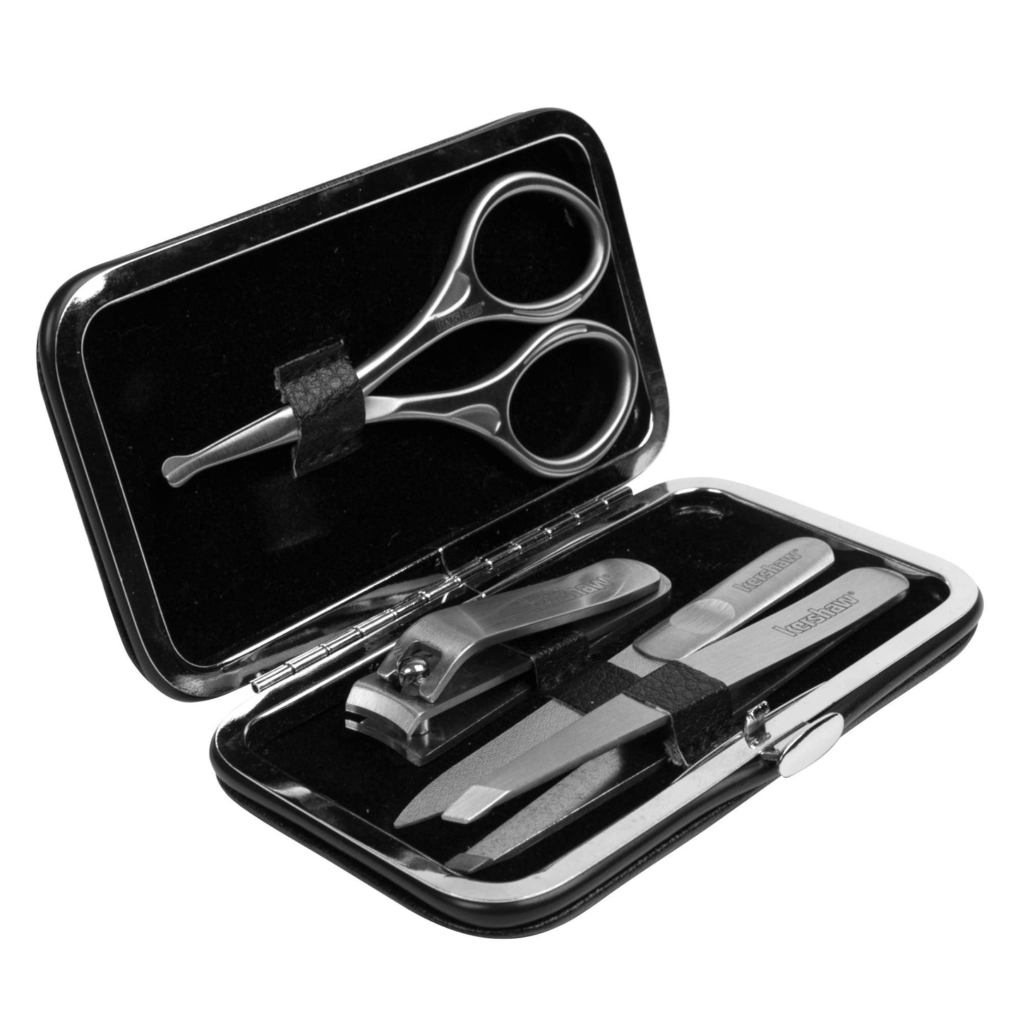 Kershaw Manicure Kit, 4-Piece Stainless Steel Set with Case, Mens Grooming Kits, Includes Fingernail Clipper, Double-Sided Nail File, Beard and Moustache Scissors and Tweezers
