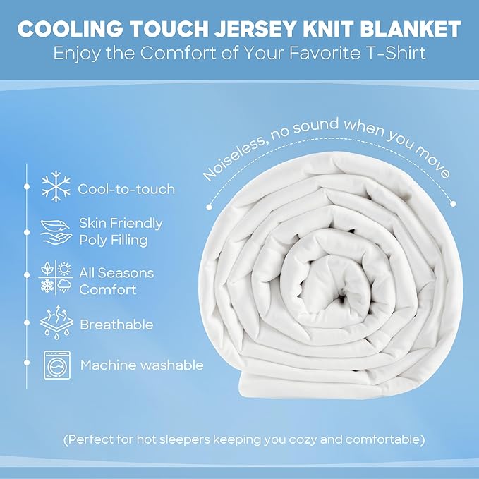 Sharper Image Jersey Knit Ultra-Soft, Cooling Twin Blanket, Box Quilting, Microfiber Reverse, All Season & Lightweight Summer Blanket Cozy T-Shirt Handfeel, White