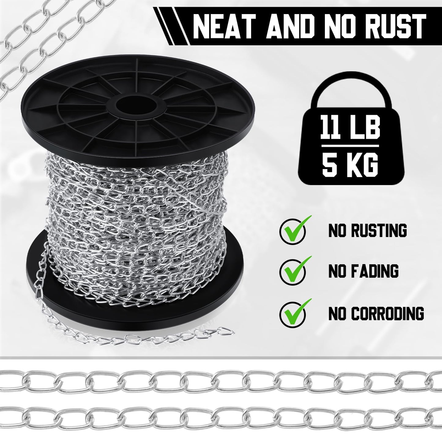 Yaocom 50 ft Galvanized Steel Hanging Jack Chain Silver Metal Link Chain Roll Spool for Light Fixture, Bird Feeders, Overhead Lights, Artworks, Flowerpots(1.3mm)