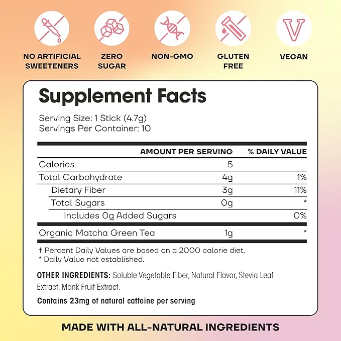 Fit & Lean Matcha Amore Iced Tea, Organic Ceremonial Grade Matcha Green Tea, Prebiotic Fiber, L-Theanine, Naturally Sweetened, NON-GMO, 0 Sugar, Peach Iced Tea, 10 Stick Packs
