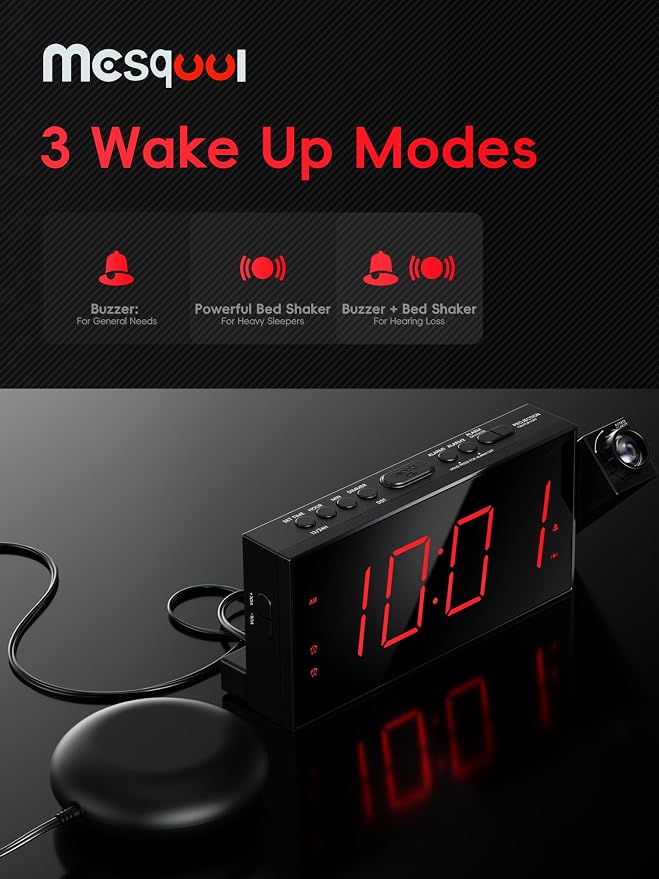 Mesqool Projection Alarm Clock with Loud Bed Shaker, Dual Alarms | 5-level Dimmer, USB charger, Snooze & DST, Loud Vibrating Alarm with Battery Backup, Perfect for Heavy Sleepers