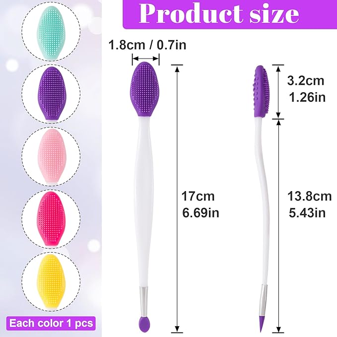 5pcs Lip Scrub Brush, Silicone Lip Exfoliator Brushes Scrubber Tool, Double-Sided Lip Cleaning Exfoliating Remove Dead Skin Tool for Men Women Dark Lips- Pink & Yellow & Blue & Purple & Red