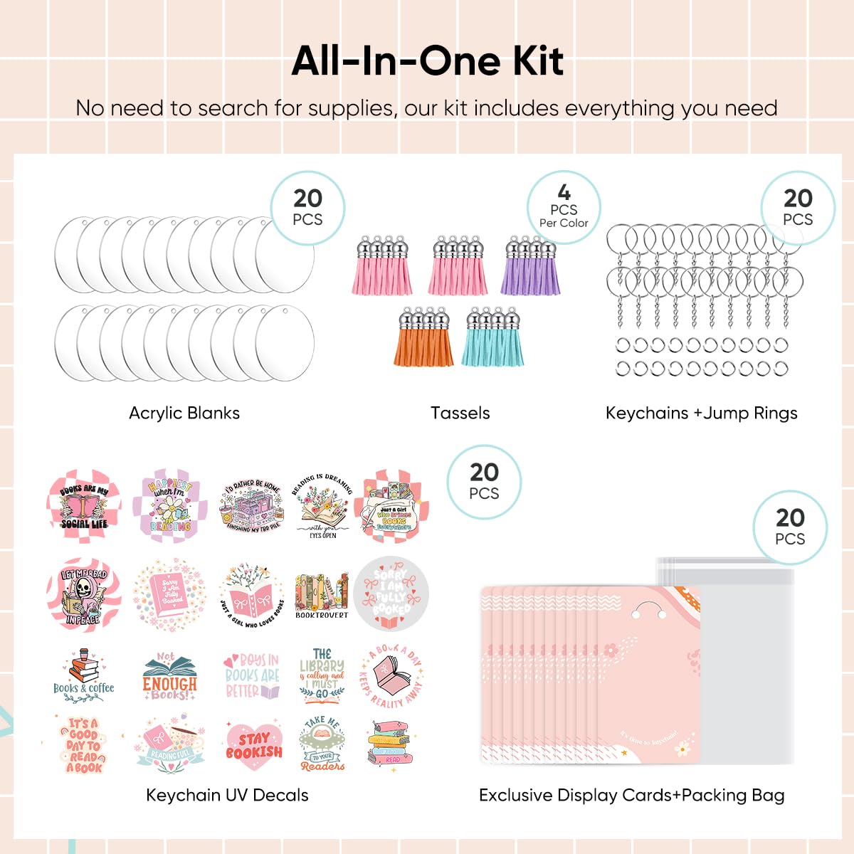 YOPPIX 140 PCS Acrylic Keychain Blank Set, Book Double-Sided UV DTF Stickers Acrylic Keychain Making Kits for Vinyl DIY Craft Project