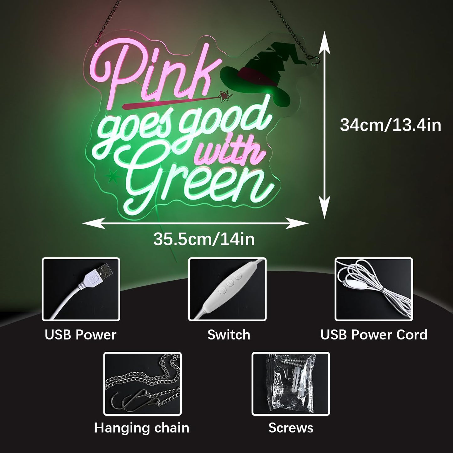 “Pink Goes Good With Greed” Witch-Themed Neon Sign - Enchanting LED Decor with Magic Hat Accent (13.9”x13.4”)