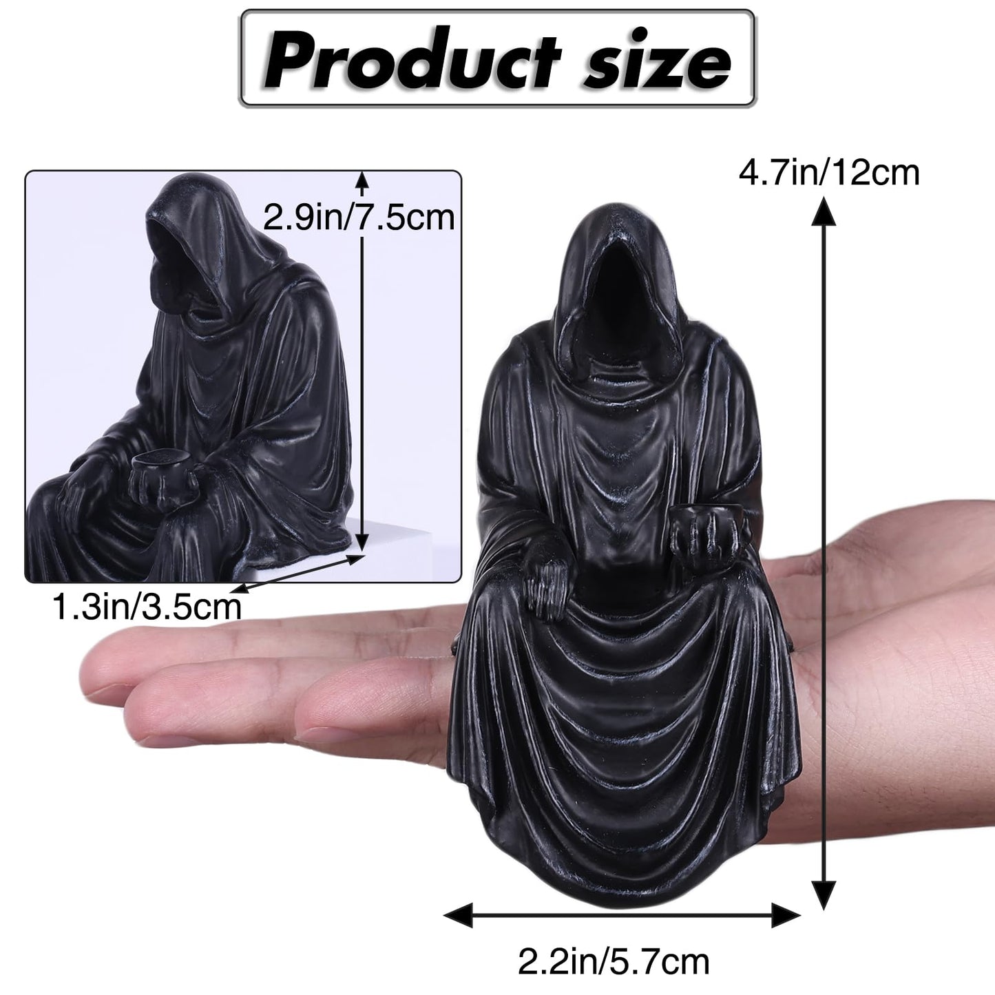 XIAOMAGG Mini Grim Reaper Figurine-Gothic Spooky Sculpture for Garden or Bookshelf,4.7 Inch Hand-Painted Resin Black Robe Mystery Halloween Decor Statue,Tabletop Gothic Decor Sitting Statues