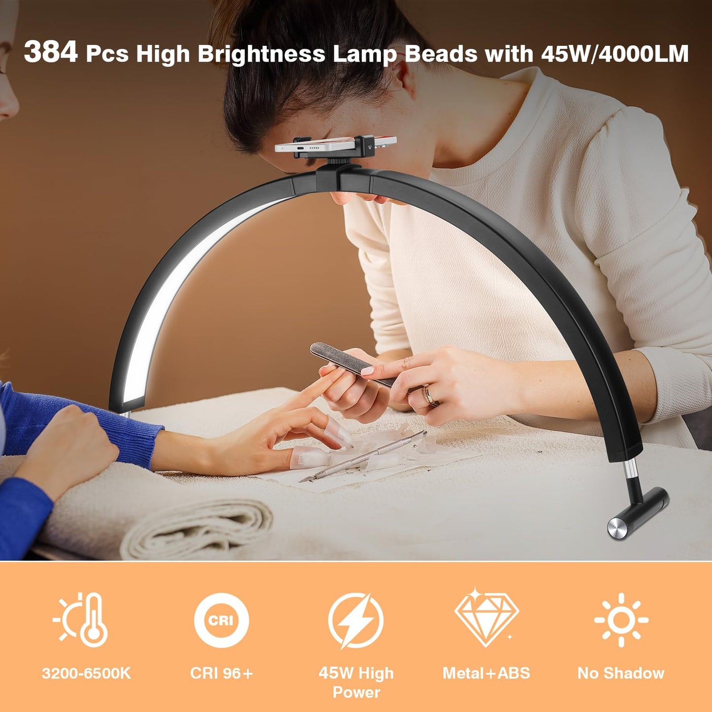 Mznoo Nail Light for Desk, 30'' LED Half Moon Lamp for Nail Techs, Manicure and Handicraft, Adjustable Color Modes and Brightness, with Phone Holder (Black)