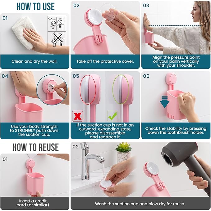 TAILI Suction Toothbrush Holder for Shower Wall, Self-draining Shower Cup for Razor, Toothpaste, Kitchen Tableware. No Nail, No Glue, No Tool! Strong Suction Cup Toothbrush Holders for Bathroom, Pink