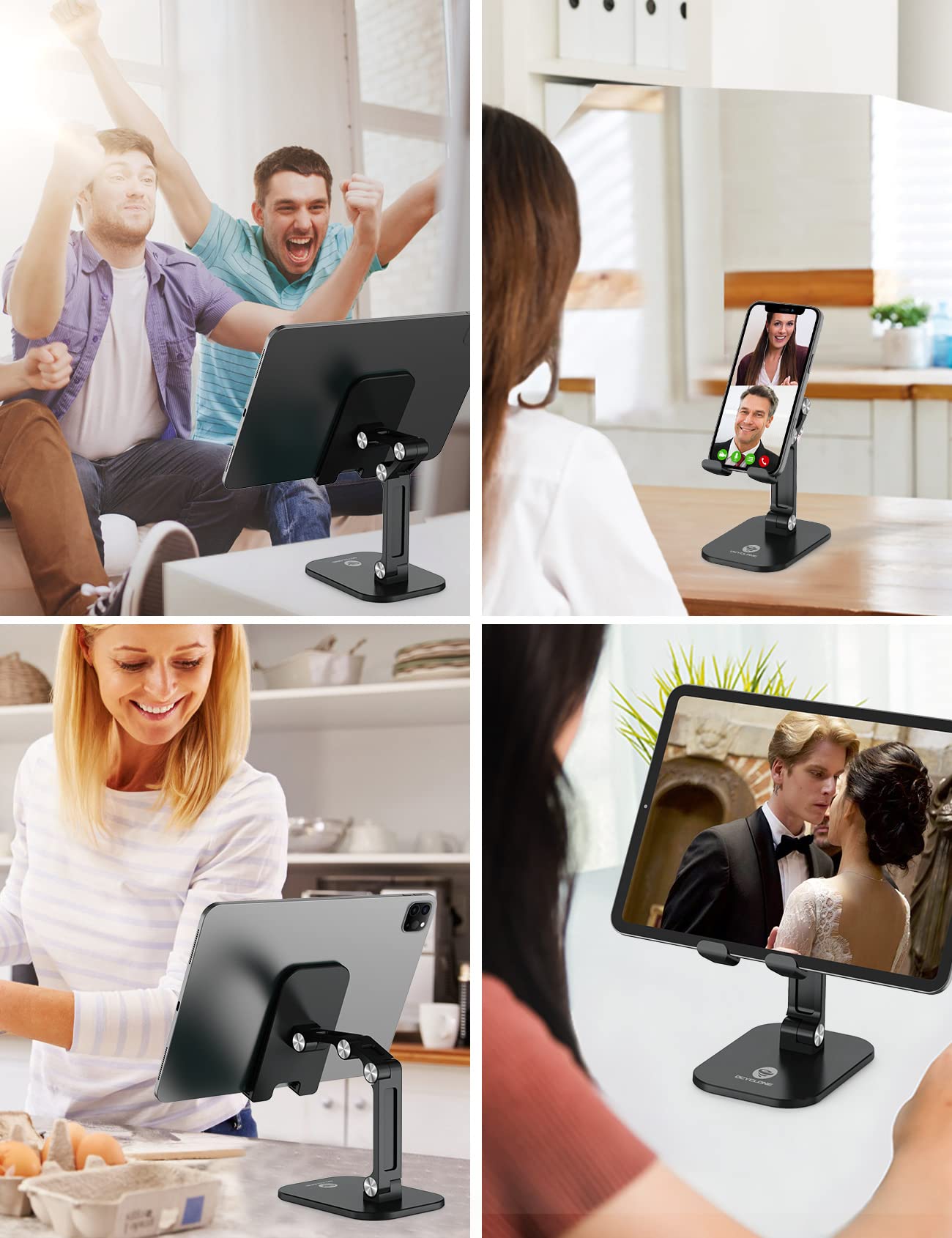 OCYCLONE Cell Phone Stand + 2 PCS Cable Organizer, Angle Height Adjustable iPhone Stand for Desk, Foldable Cell Phone Holder Tablet Stand Compatible with 4.7"-13" Phone Tablet