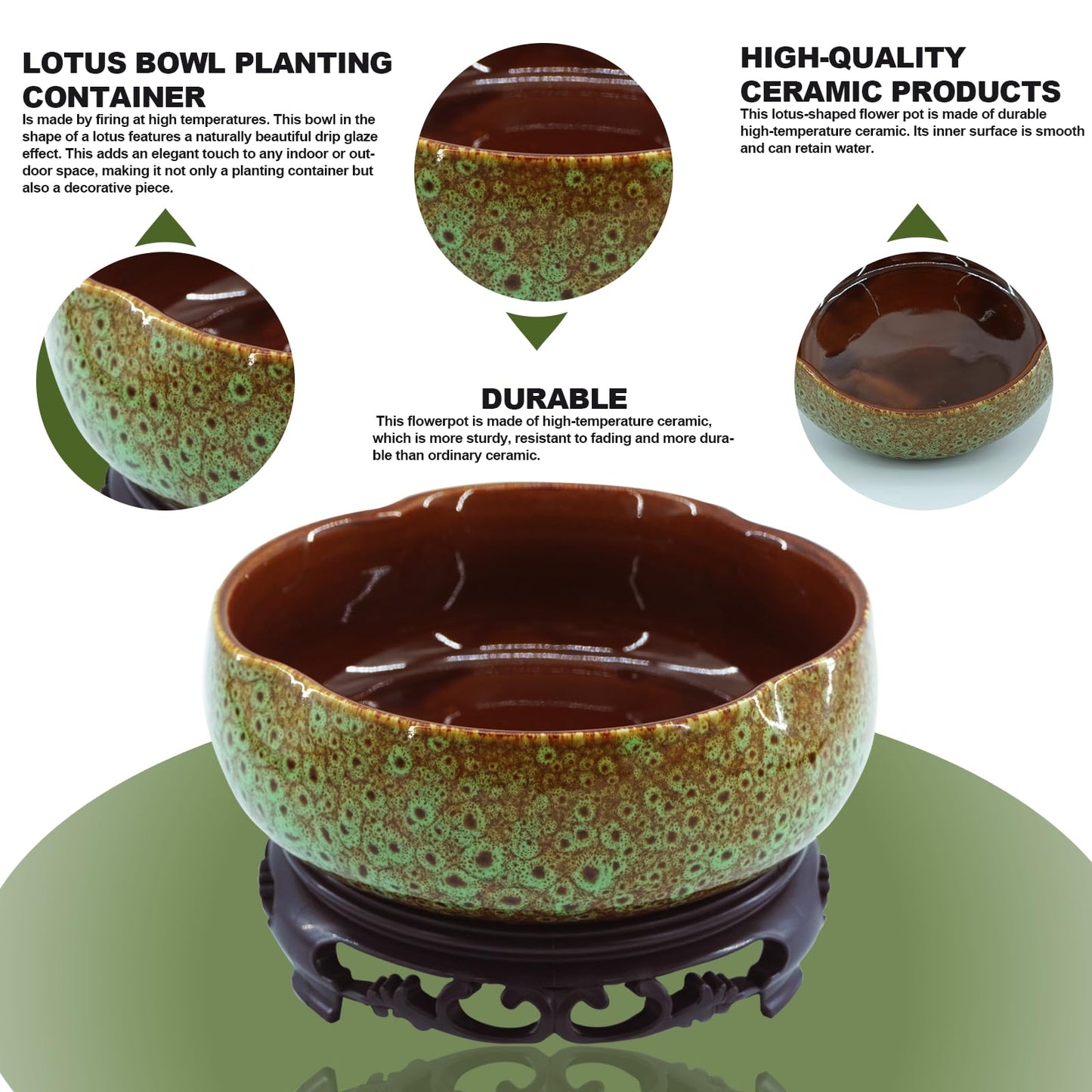 YOSMAKIY Lotus Bowl Planter，Decorative Ceramic Bowl Lotus for Water Plants with Black Stand, Green and Brown Glazed Finish