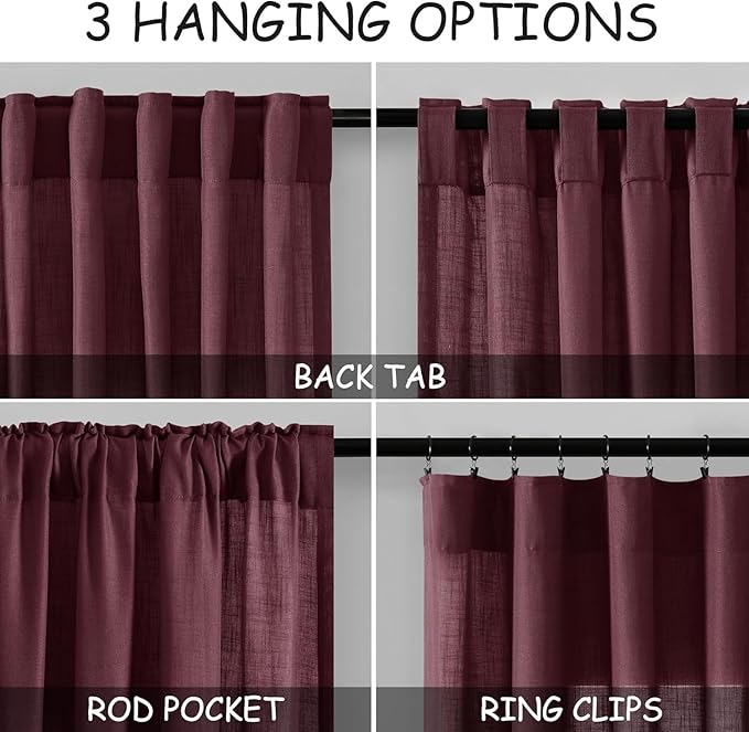 Nanspring Burgundy Linen Curtains 132 Inch Length for Living Room Light Filtering Semi Sheer Curtain Back Tab Vintage Boho Decor Drapes Floor to Ceiling High Window for Bedroom 52x132, 2 Panels