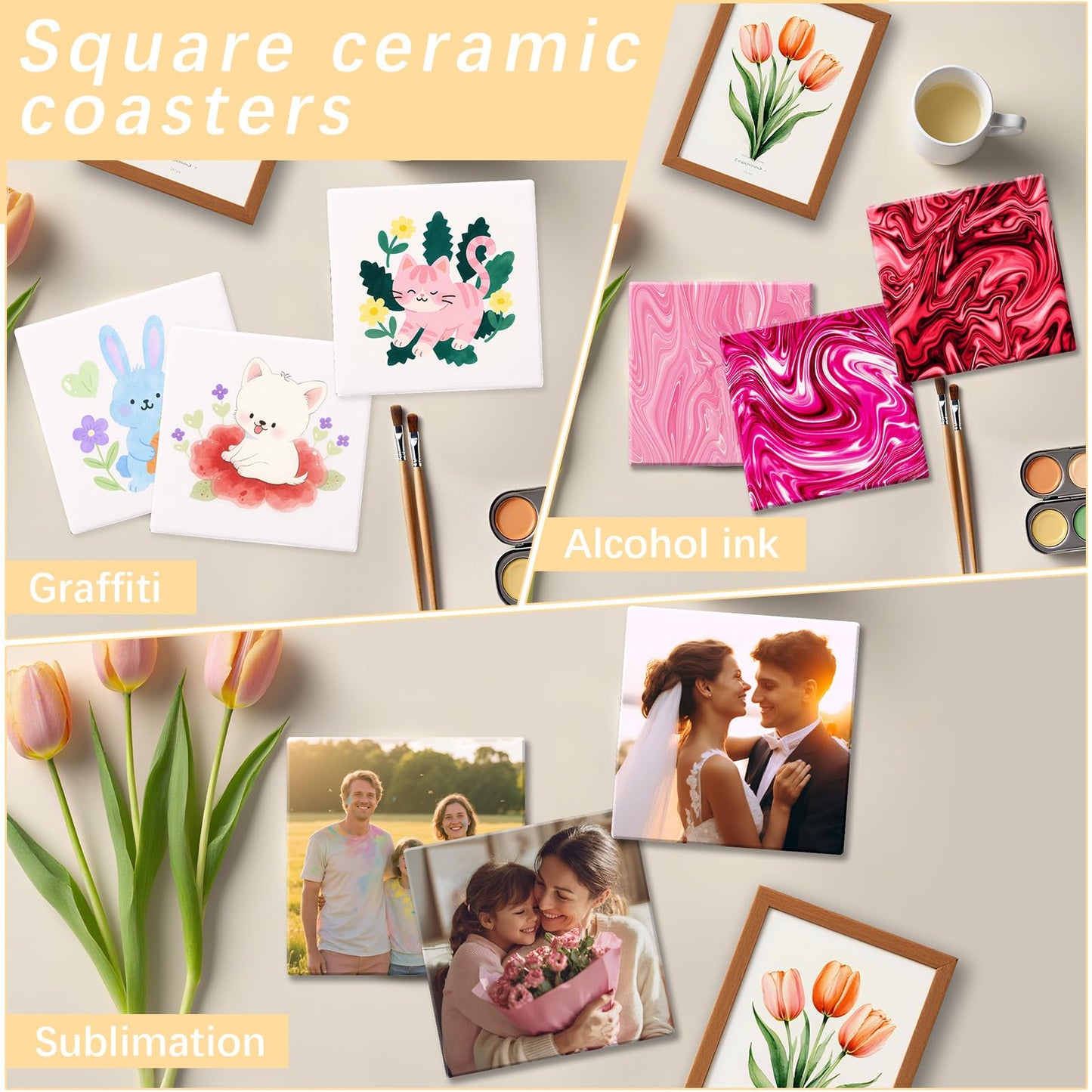 50 Pack Square Sublimation Blank Ceramic Coasters with Cork Backing, 4X4inch Matte Finish Blank Ceramic Tiles Crafts Coasters Pads for Sublimation Transfer Heat Press Printing DIY Crafts