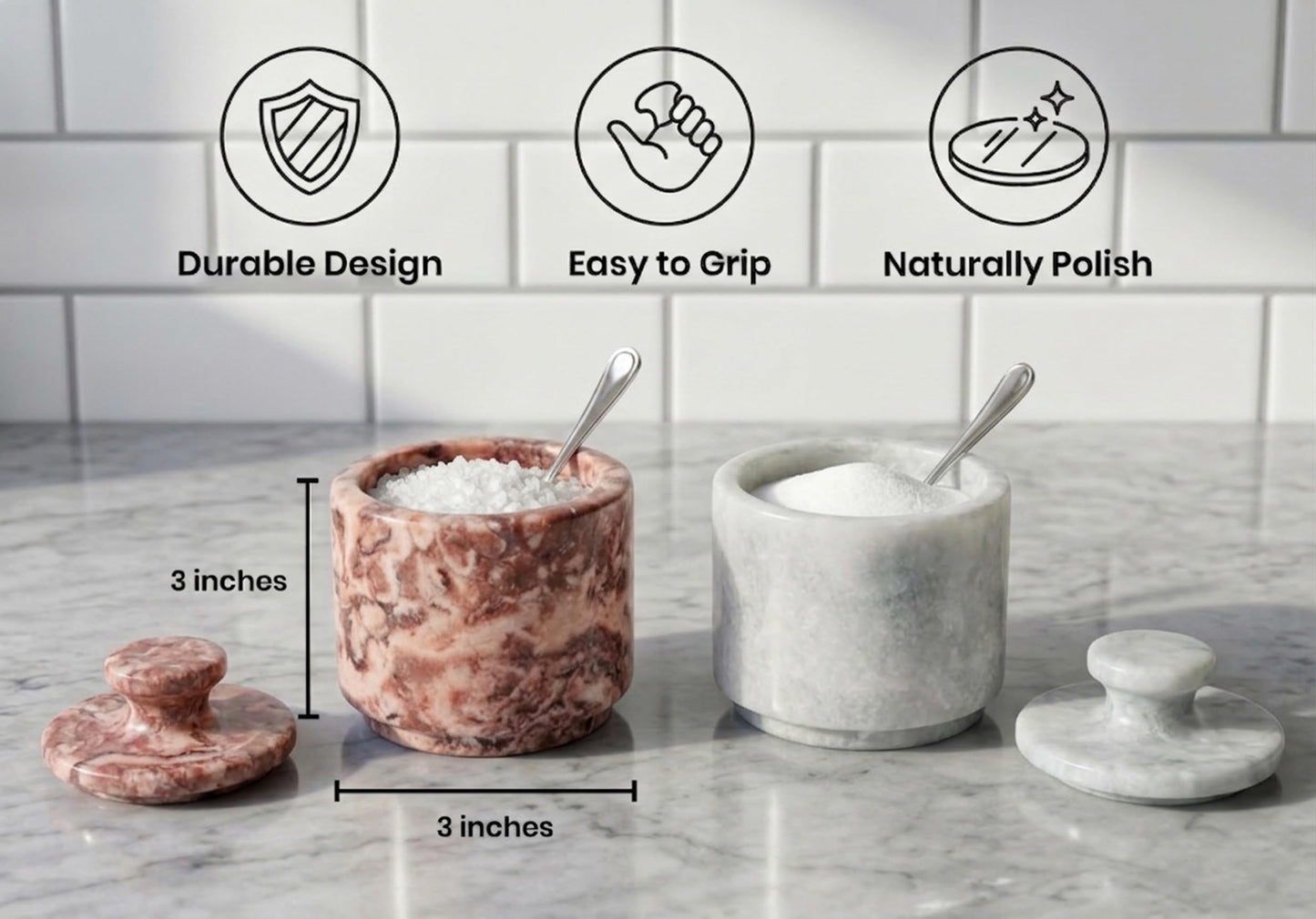 OceanicX Marble Salt Cellar with Lid, 3.5 oz Capacity, Kitchen Counter Storage Container (White Strawberry Pink)