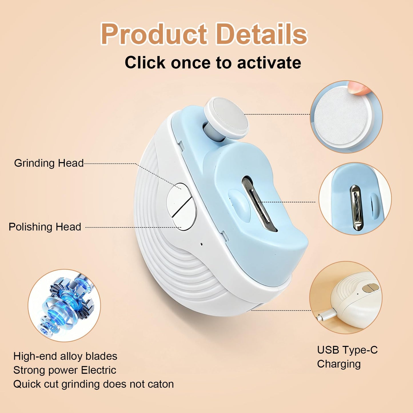 Electric Nail Clipper, 3 Speeds Automatic Nail Clipper for Thin & Thick Nail with 2-in-1 Grinding Heads, LED Light & Nail Scraps Storage, Electric Nail Trimmer for Adults,Seniors and Kids (Blue)