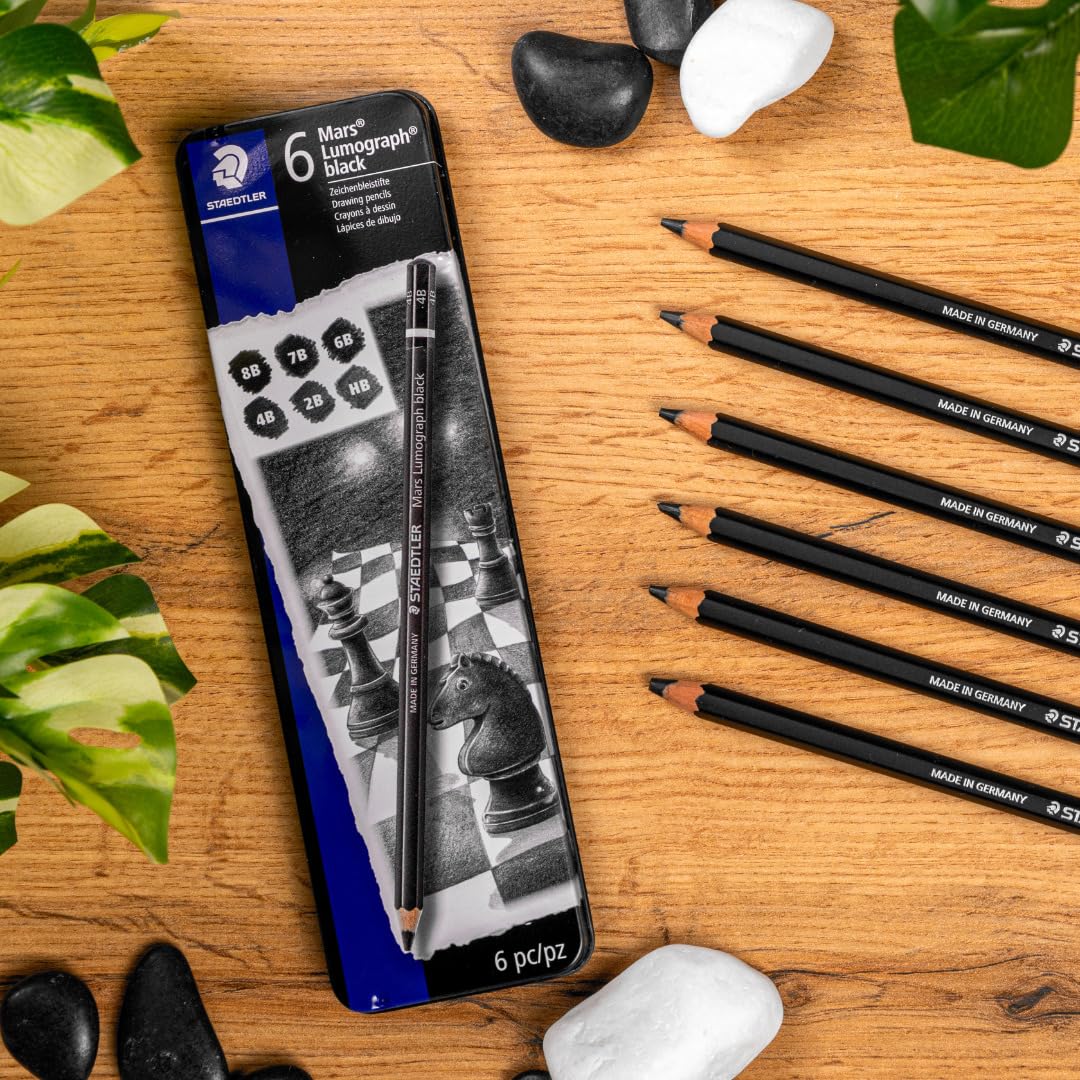 STAEDTLER Mars Lumograph Black Drawing Pencils Set: 6 Pack – Carbon Blend for Deep Black Tones, Professional Artists Pencils, 8B–HB Grades, Storage Tin, For Sketching, Shading & Fine Art Drawing