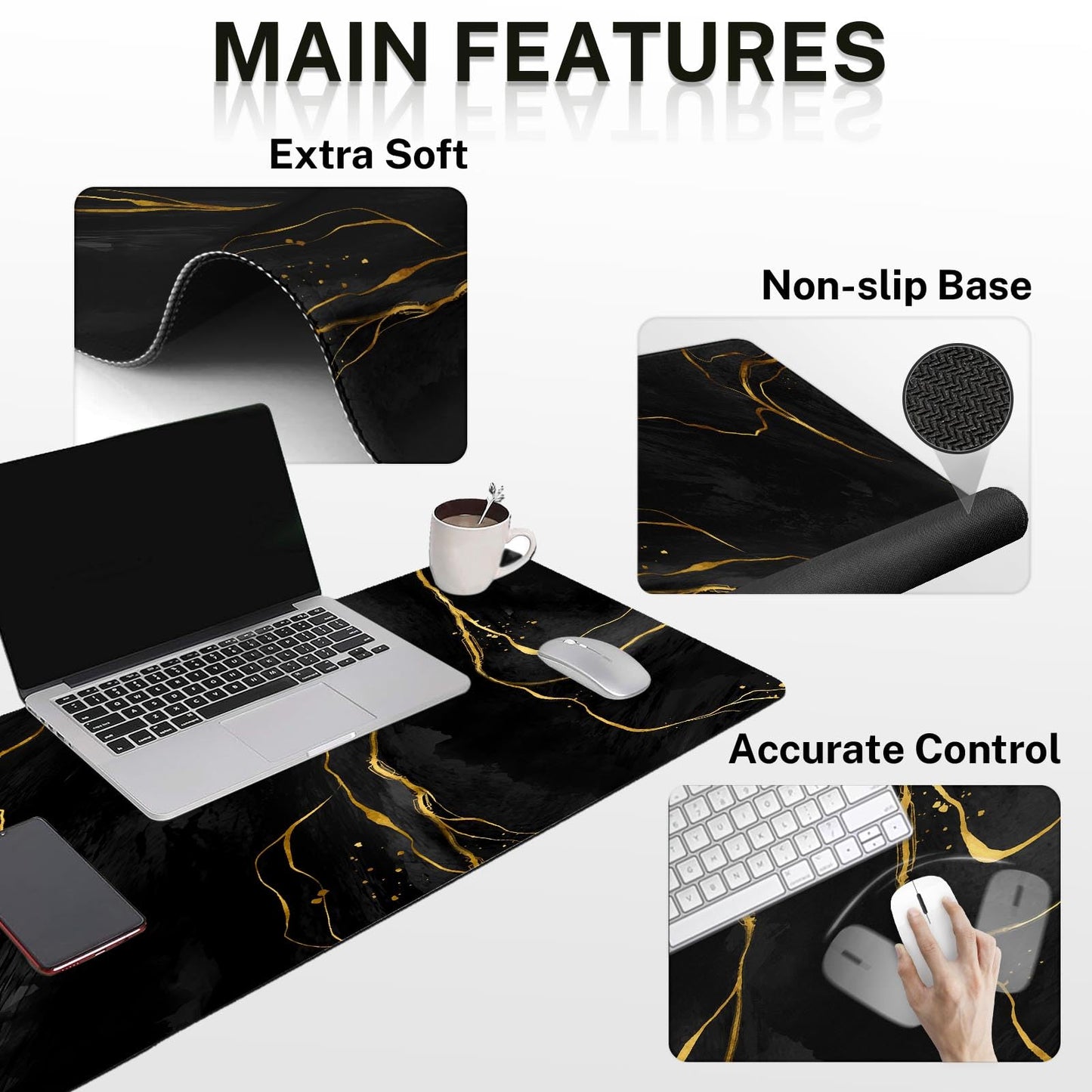 Britimes Black Gold Marble Keyboard Mouse Pad Set 4in1 Large Mousepad+Keyboard Wrist Rest+Mouse Wrist Rest+Coaster Ergonomic Design for Home Office Computer 35.4x15.7 inches