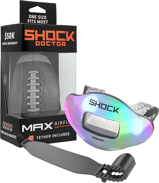 Shock Doctor Lip Guard, Adult and Youth Mouth Guard Football with Strap, Breathable Wide Opening Football Mouthpiece for Youth and Adults OSFA, Shock Doctor Mouth Guards, Max Airflow