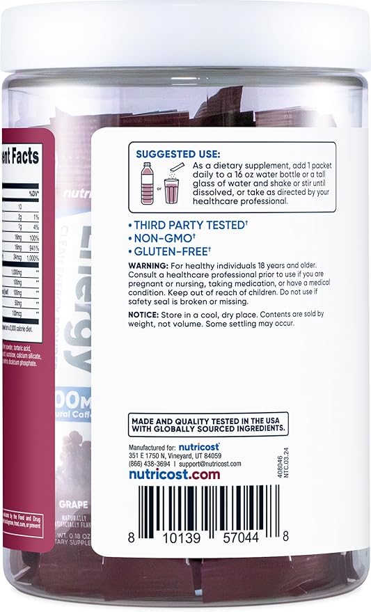 Nutricost Energy Complex Stickpack (20 Servings) Grape Flavored - Gluten-Free + Non-GMO