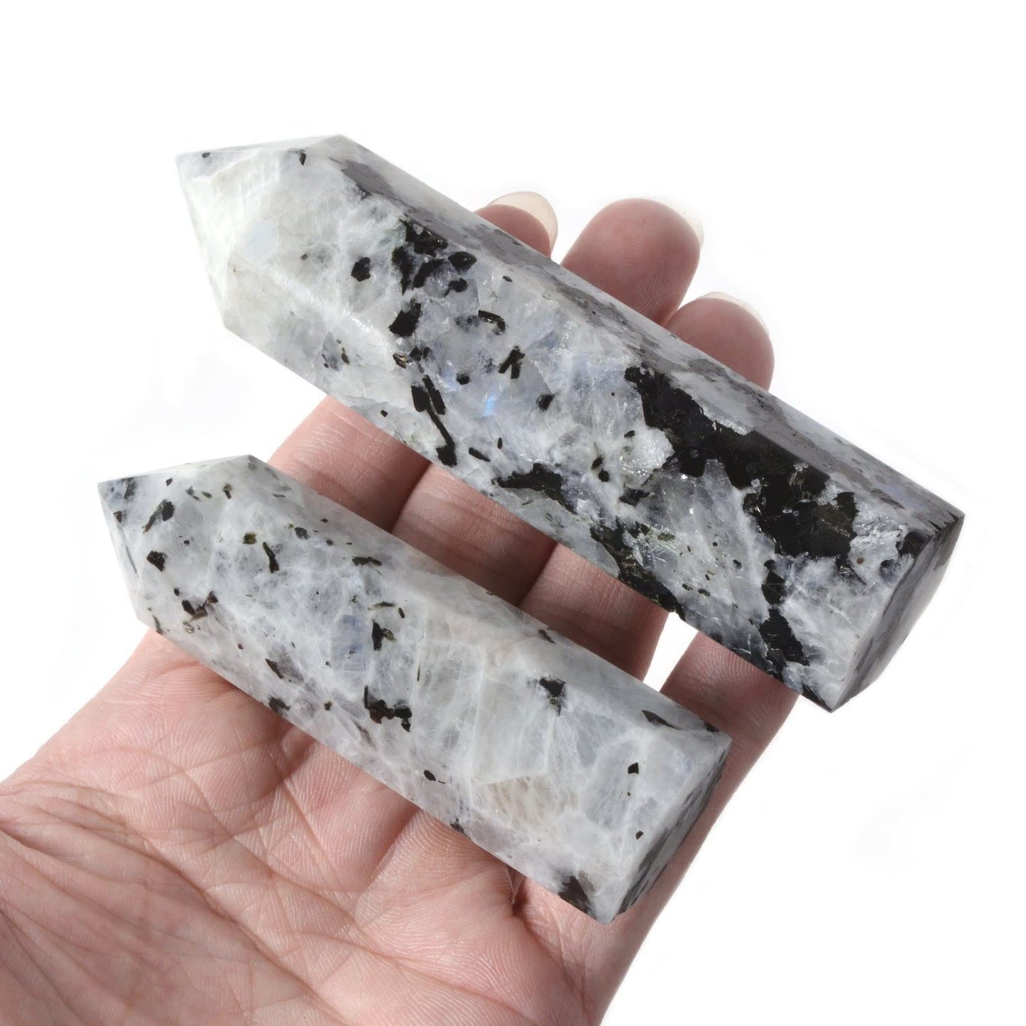 Large Moonstone Gemstone Crystal Hexagonal Pointed Tower Reiki Chakra Faceted Prism Wand Stone Home Decor