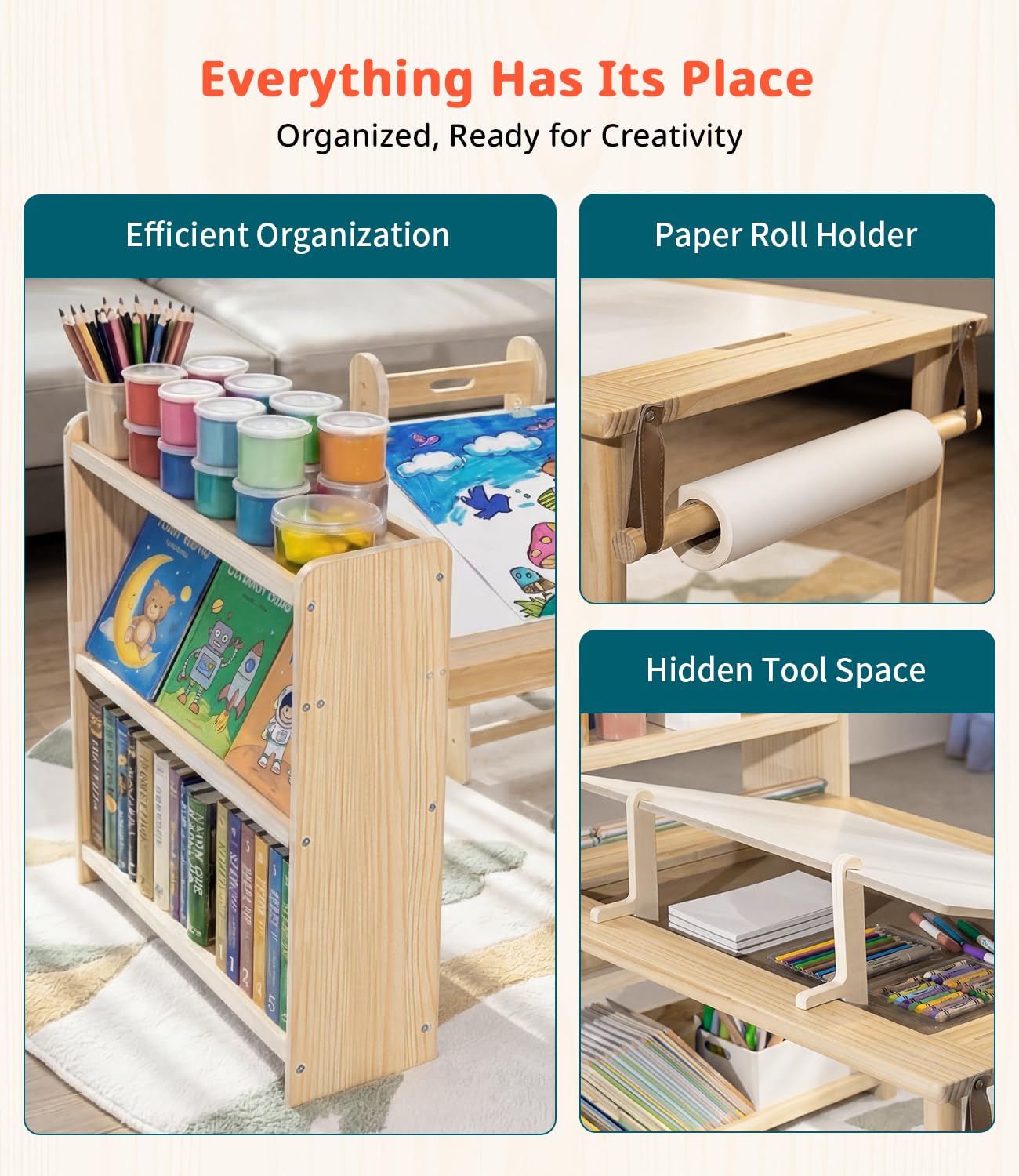 JOIN&JOY Children's Art Table and 2 Chair Set, Multifunctional Craft Table with Storage Shelves, Toddler Activity for Creativity, Drawing, Learning & Playtime