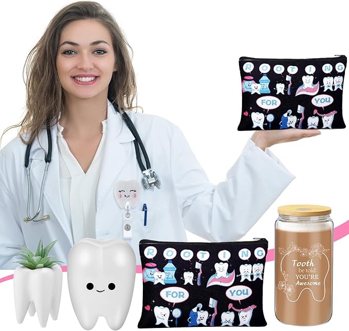 Pickmesh 6 Pcs Dental Gifts Dentist Assistant Hygienist Gifts 16 oz Glass Cups with Lid Makeup Bag Socks Badge Holder Tooth Brush Pot for Women Coworkers Doctor Nurse Christmas Accessories(Black)