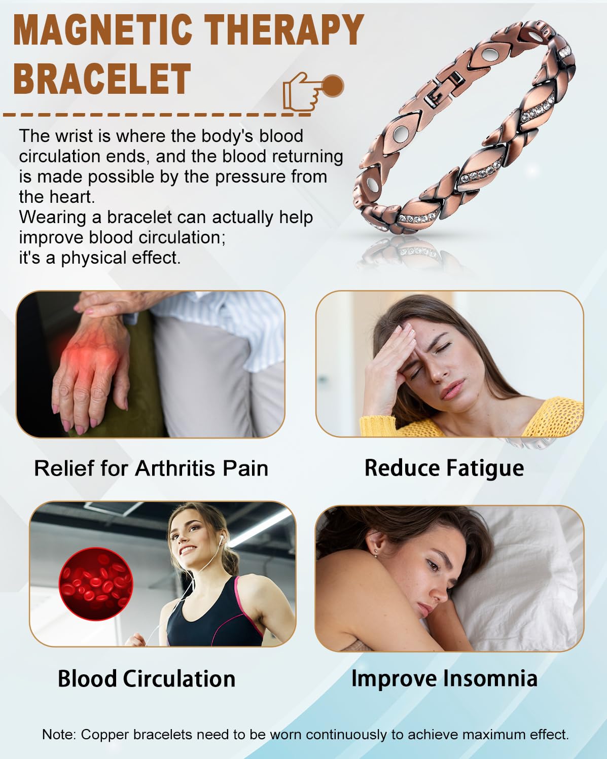 EnerCoppeX Women's Pure Copper Magnetic Bracelet with Magnet, Copper Jewelry Gift(A)